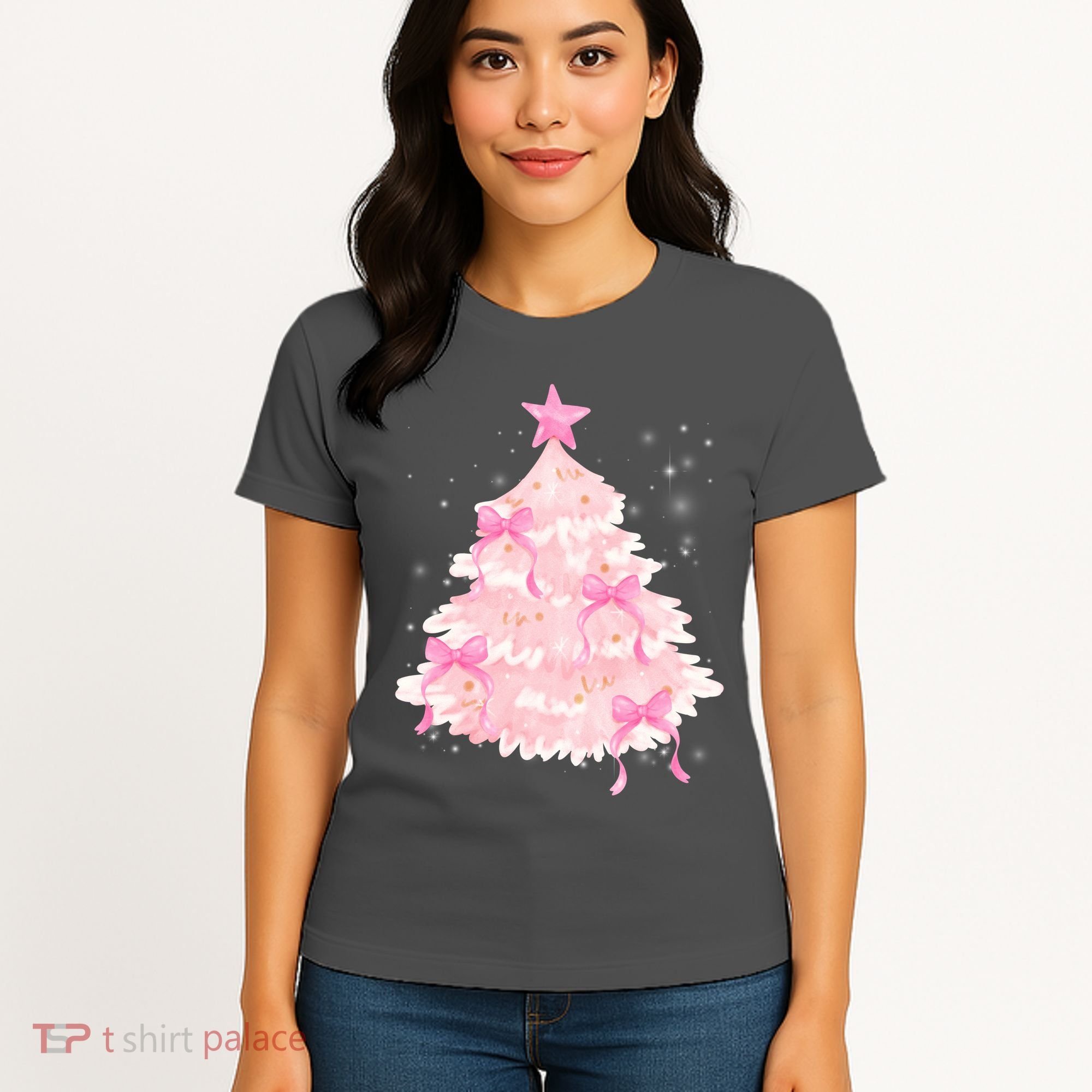 Pink Christmas Tree Bow Cute Holiday Women's T-Shirt