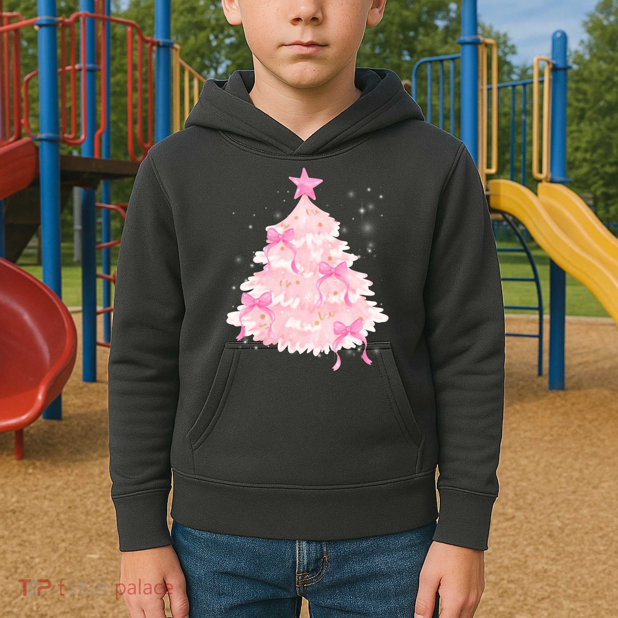 Pink Christmas Tree Bow Cute Holiday Kids Hoodie