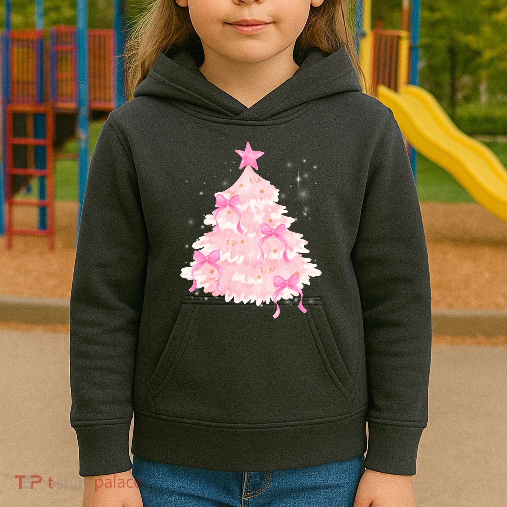 Pink Christmas Tree Bow Cute Holiday Kids Hoodie