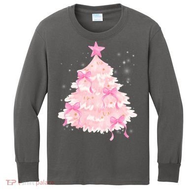 Pink Christmas Tree Bow Cute Holiday Kids Long Sleeve Shirt