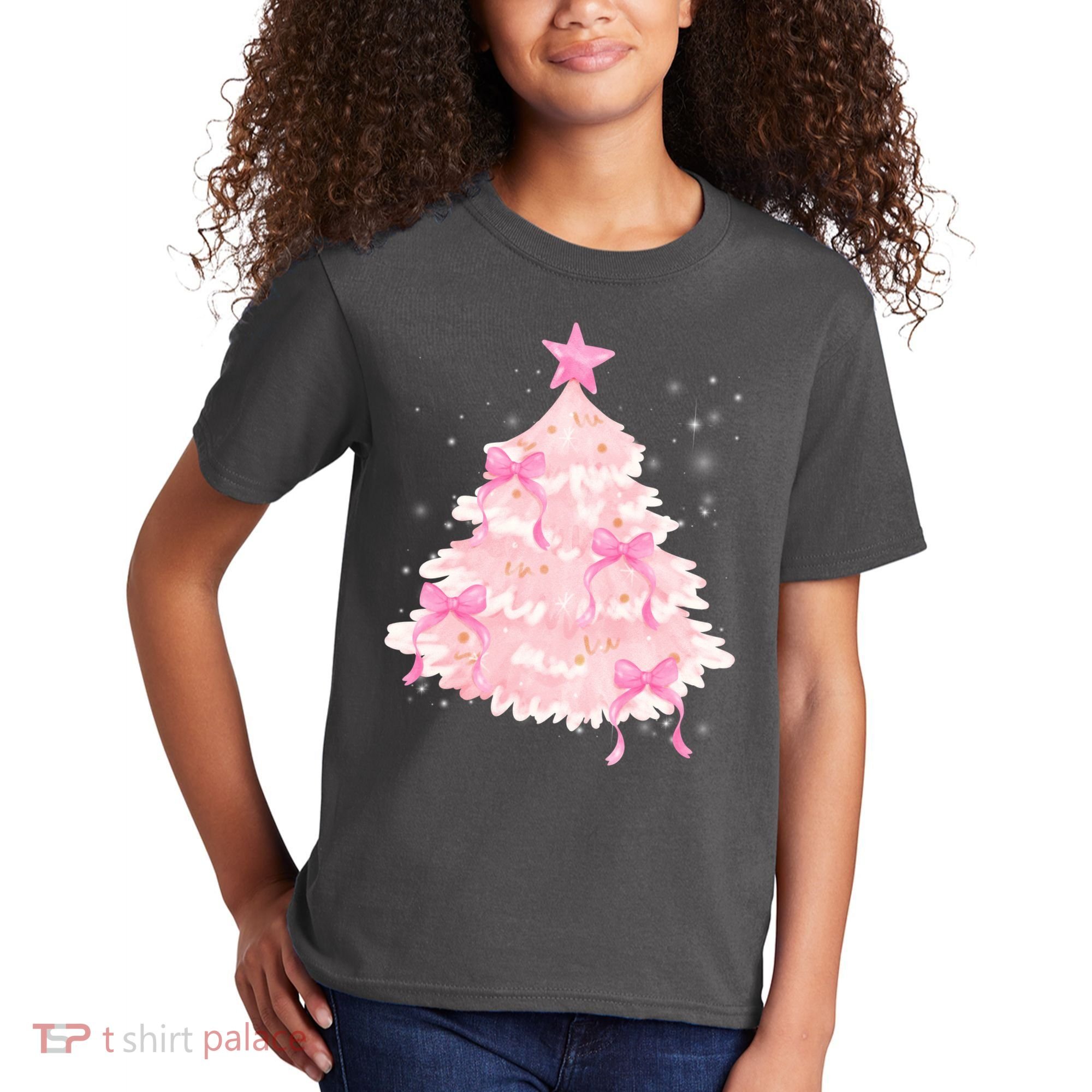 Pink Christmas Tree Bow Cute Holiday Kids T-Shirt