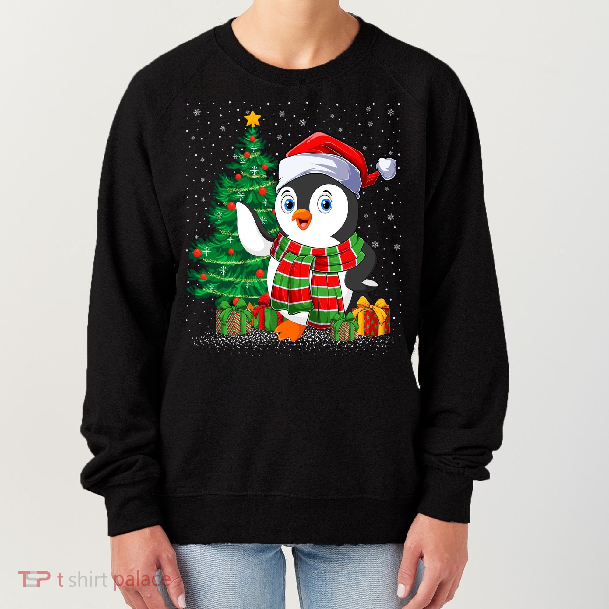 Penguin Christmas Tree Lights Santa Penguin Xmas Cute Gift Women's Sweatshirt