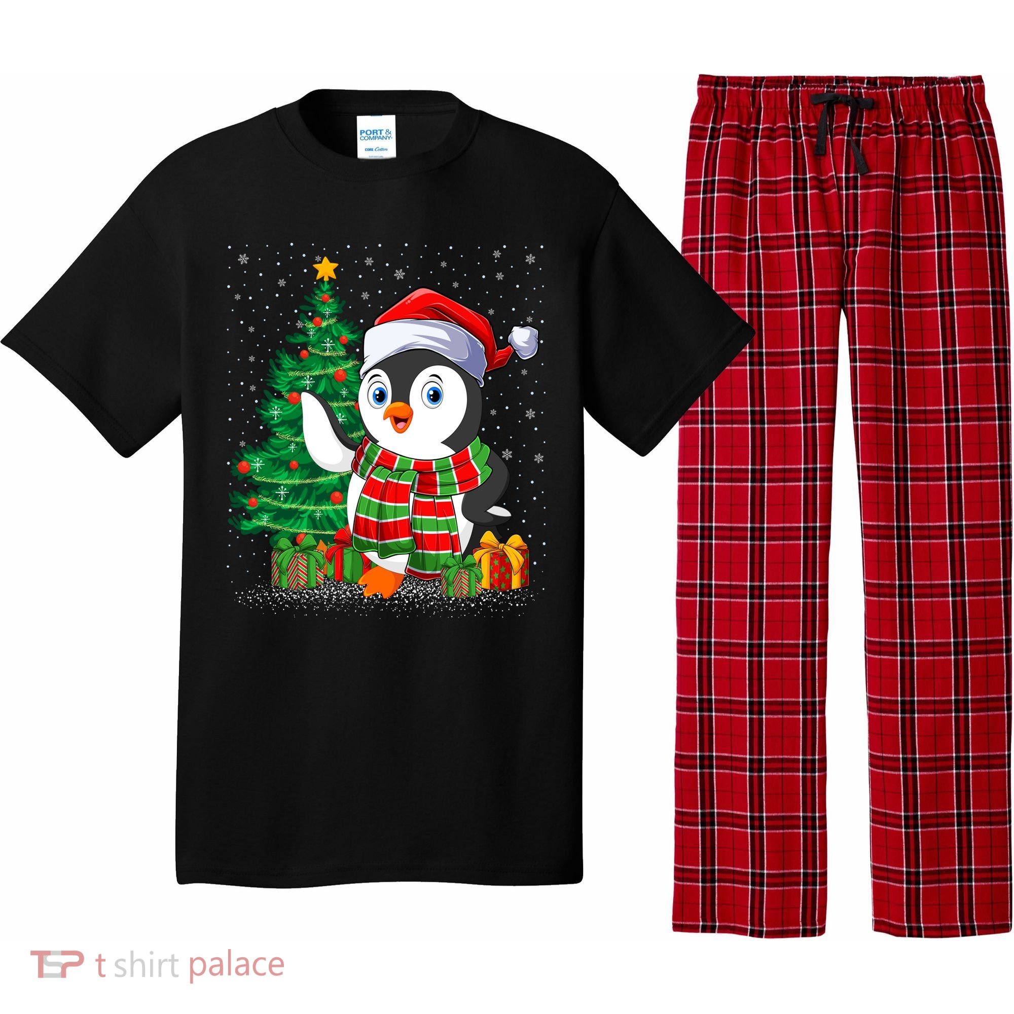 Penguin Christmas Tree Lights Santa Penguin Xmas Cute Gift Pajama Set