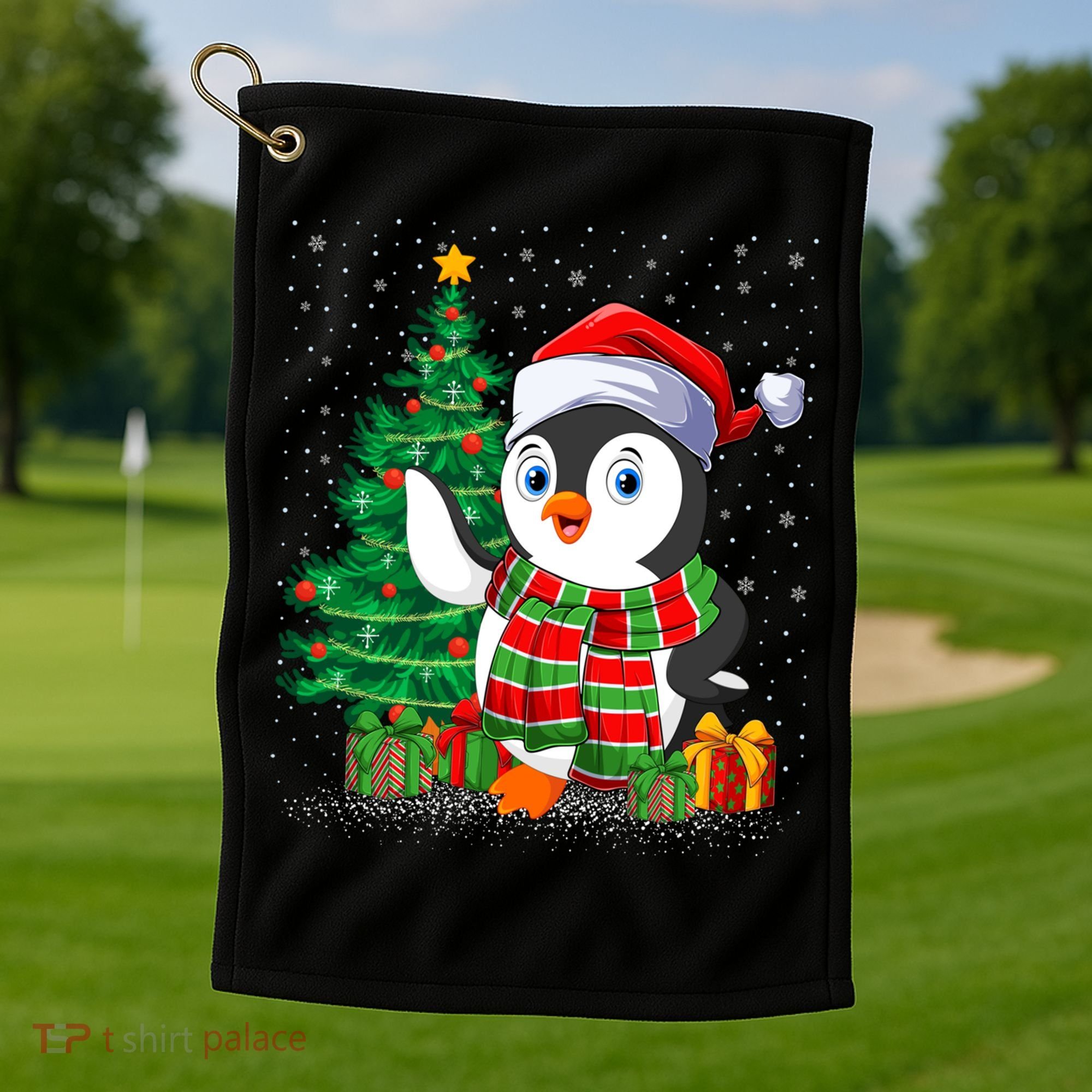 Penguin Christmas Tree Lights Santa Penguin Xmas Cute Gift Golf Towel