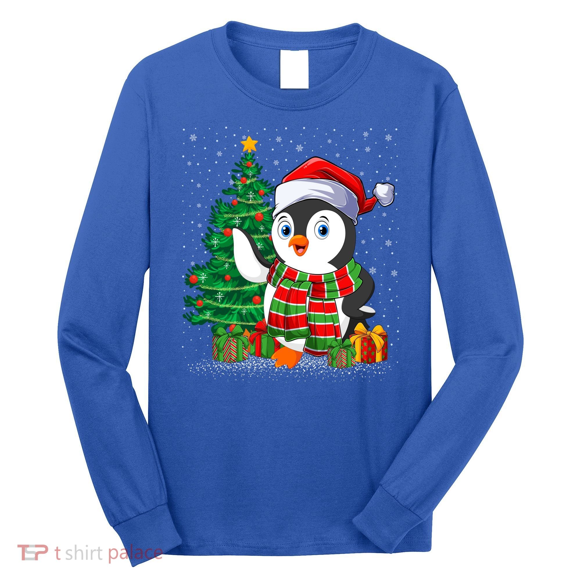 Penguin Christmas Tree Lights Santa Penguin Xmas Cute Gift Long Sleeve Shirt