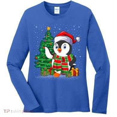 Penguin Christmas Tree Lights Santa Penguin Xmas Cute Gift Women's Long Sleeve Shirt