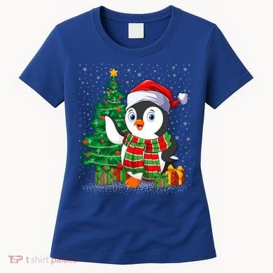 Penguin Christmas Tree Lights Santa Penguin Xmas Cute Gift Women's T-Shirt