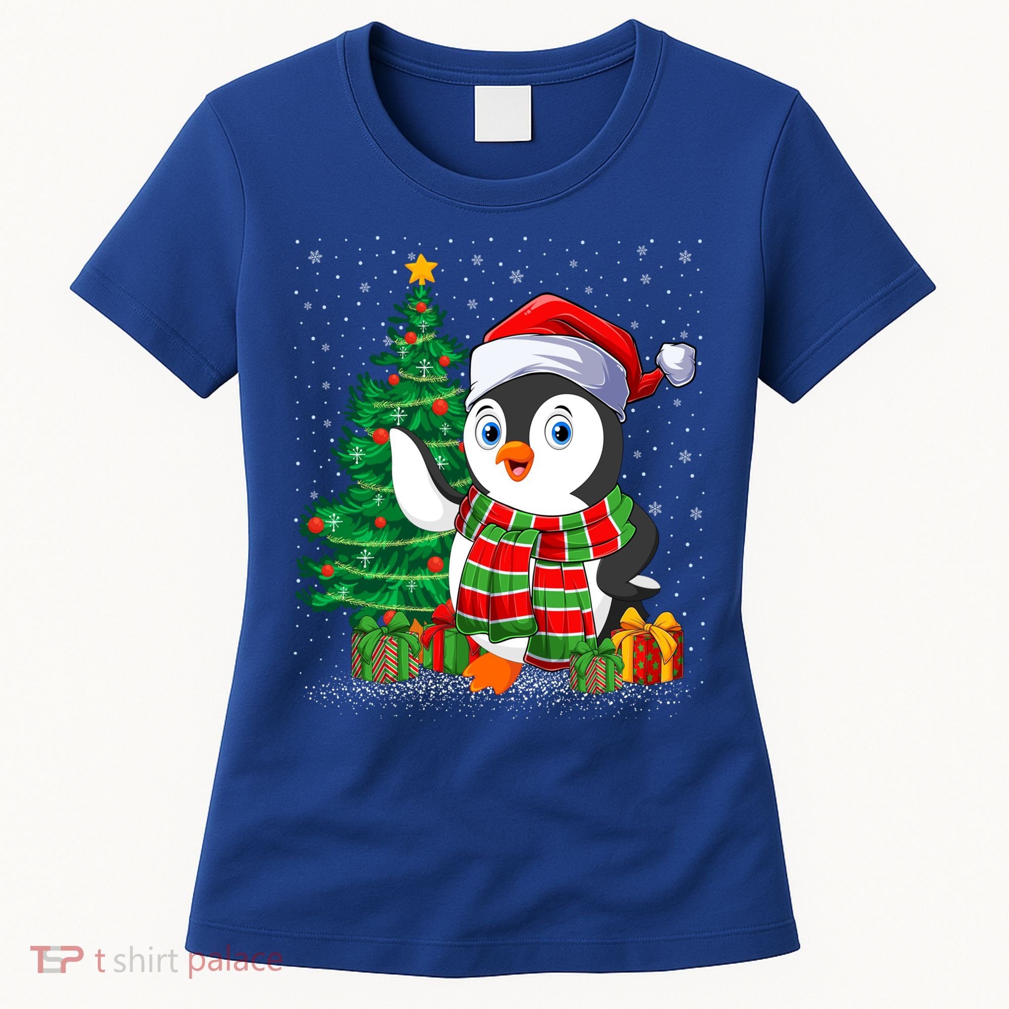 Penguin Christmas Tree Lights Santa Penguin Xmas Cute Gift Women's T-Shirt