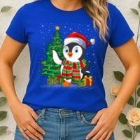 Penguin Christmas Tree Lights Santa Penguin Xmas Cute Gift Women's T-Shirt thumb 2