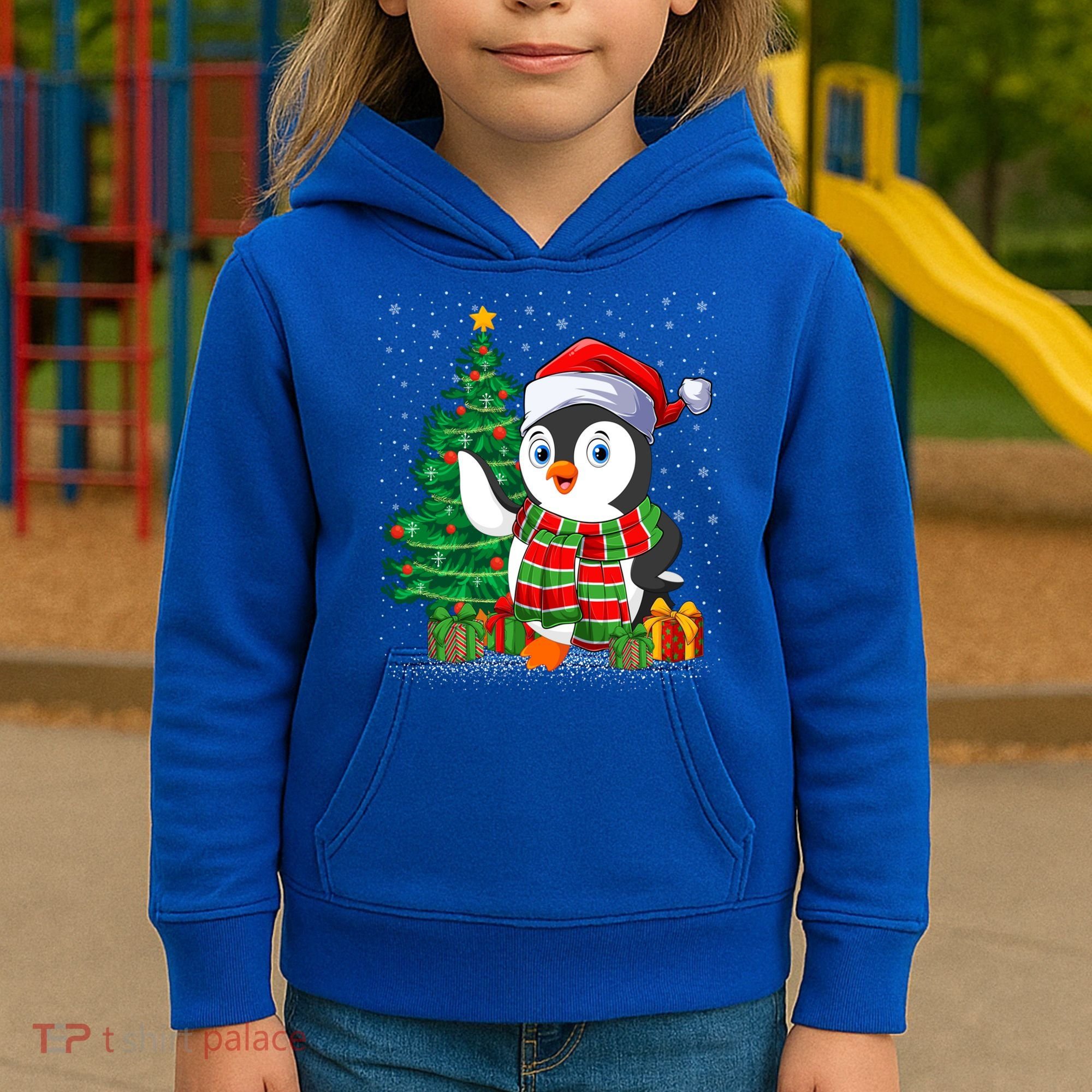 Penguin Christmas Tree Lights Santa Penguin Xmas Cute Gift Kids Hoodie