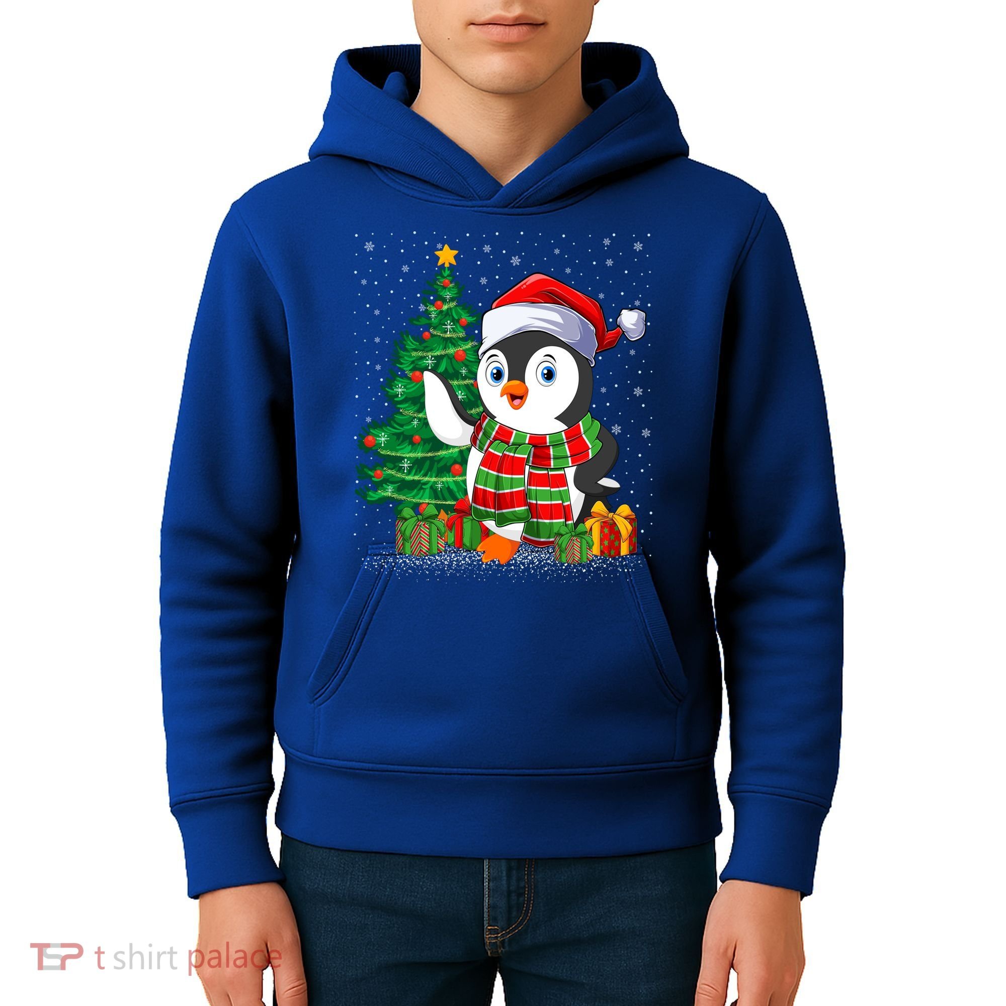 Penguin Christmas Tree Lights Santa Penguin Xmas Cute Gift Kids Hoodie