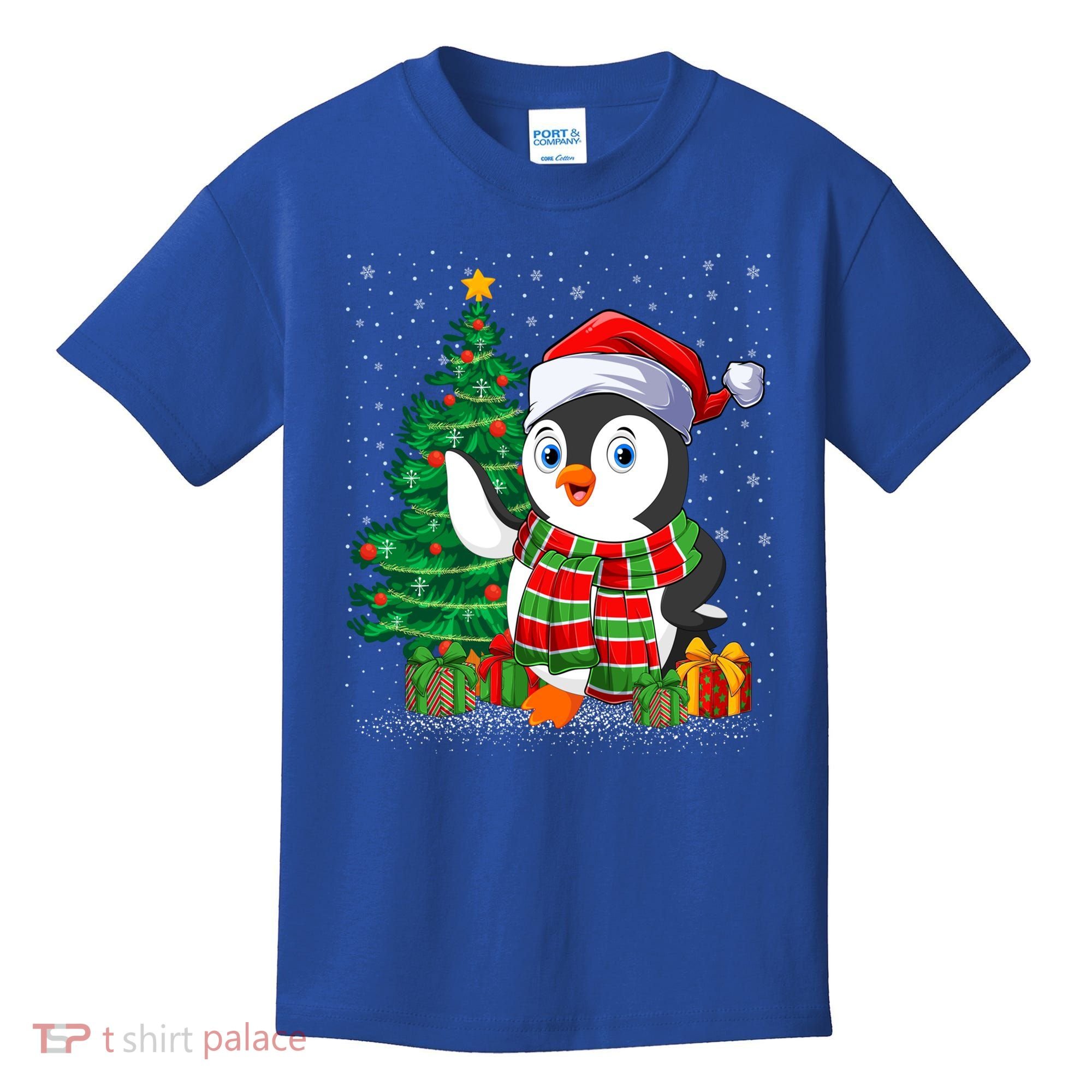 Penguin Christmas Tree Lights Santa Penguin Xmas Cute Gift Kids T-Shirt