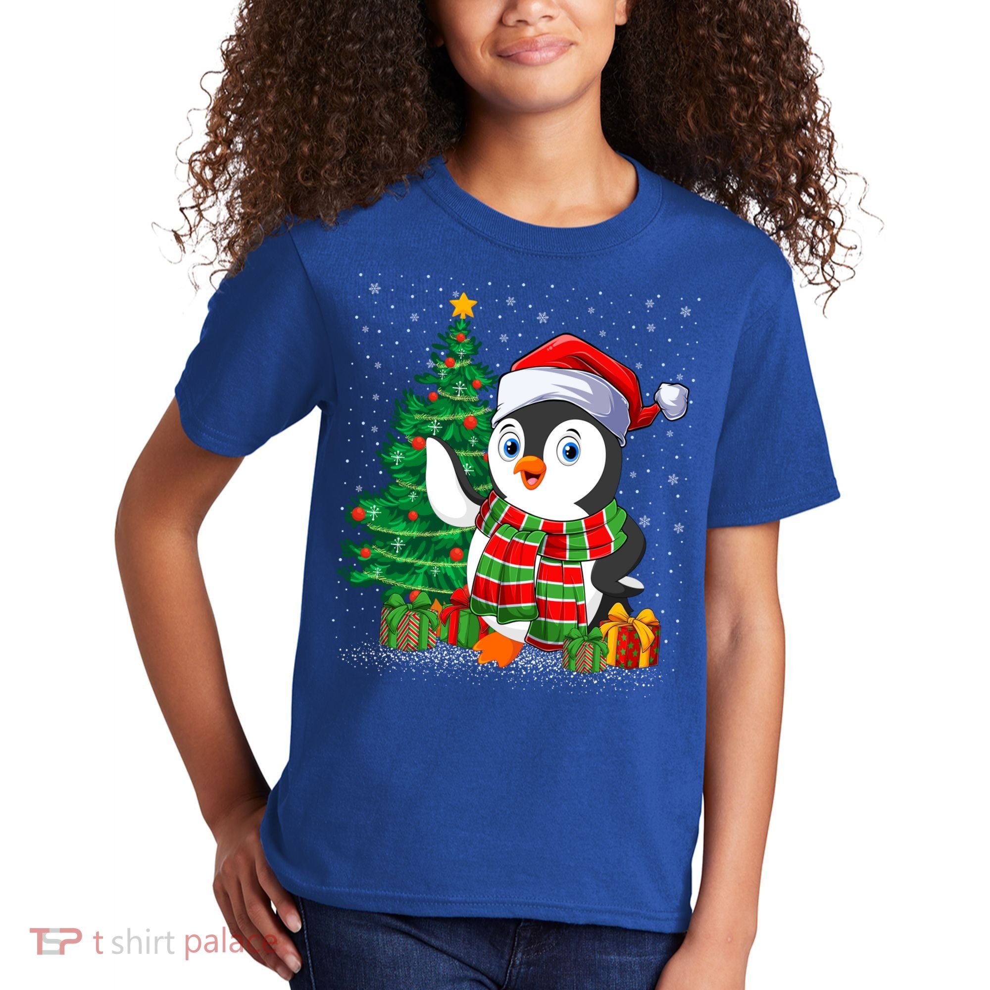Penguin Christmas Tree Lights Santa Penguin Xmas Cute Gift Kids T-Shirt
