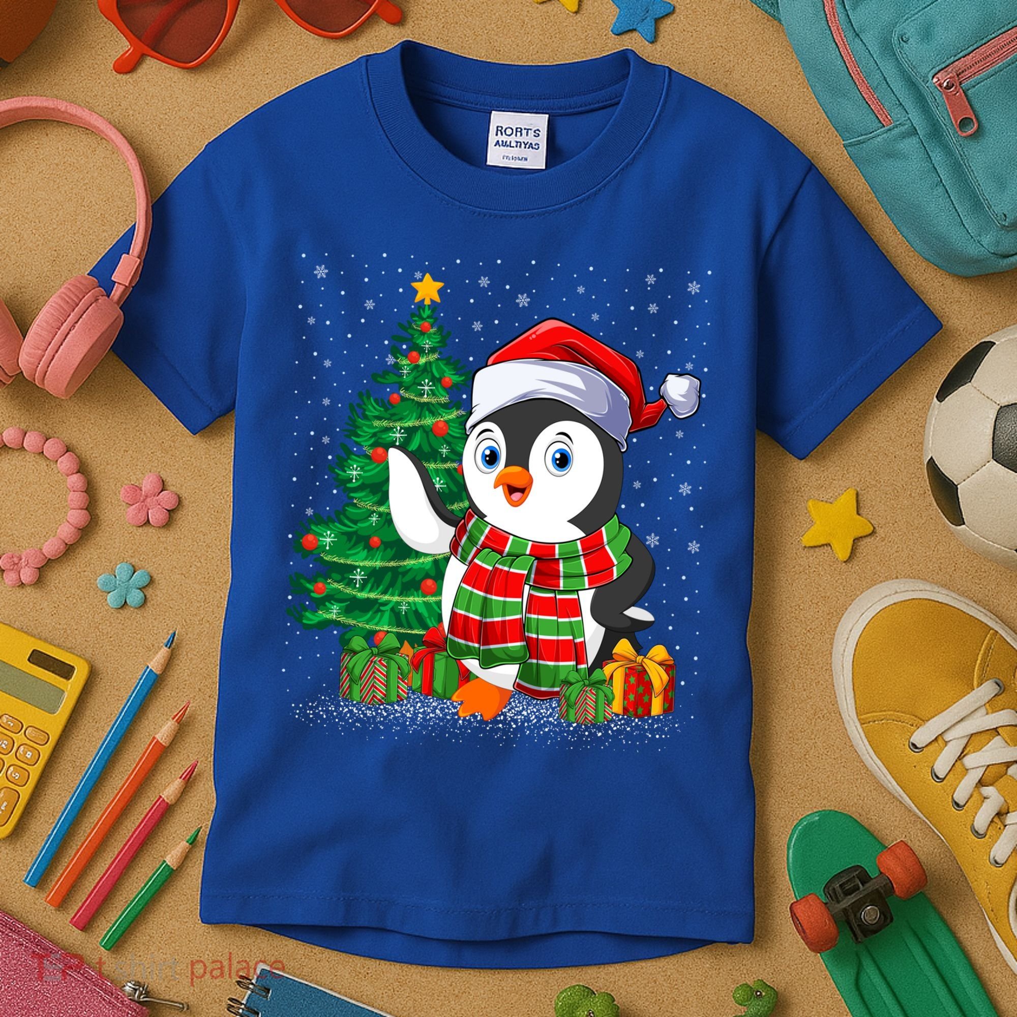 Penguin Christmas Tree Lights Santa Penguin Xmas Cute Gift Kids T-Shirt