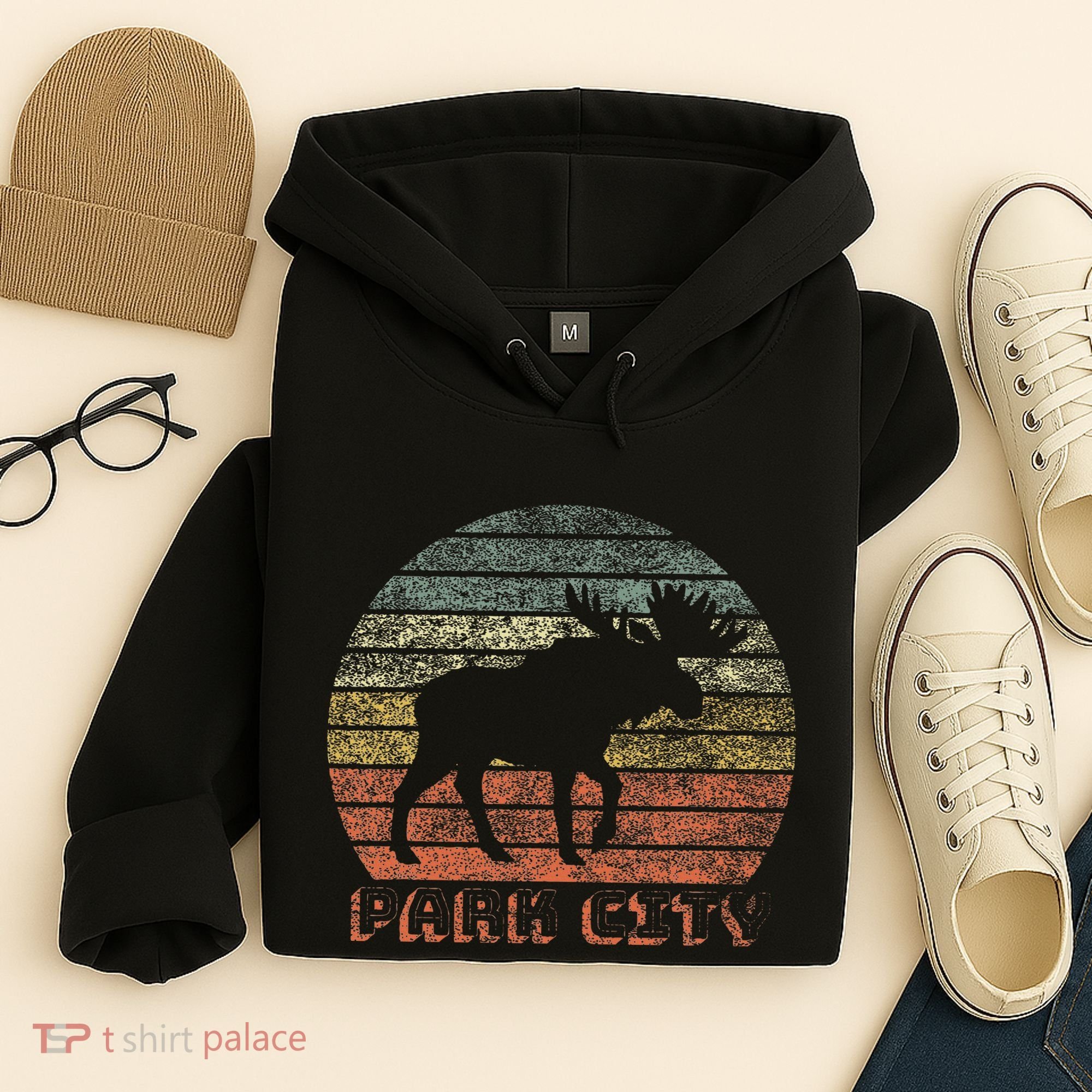 Park City Utah Moose Retro Sunset Nature Travel Hoodie