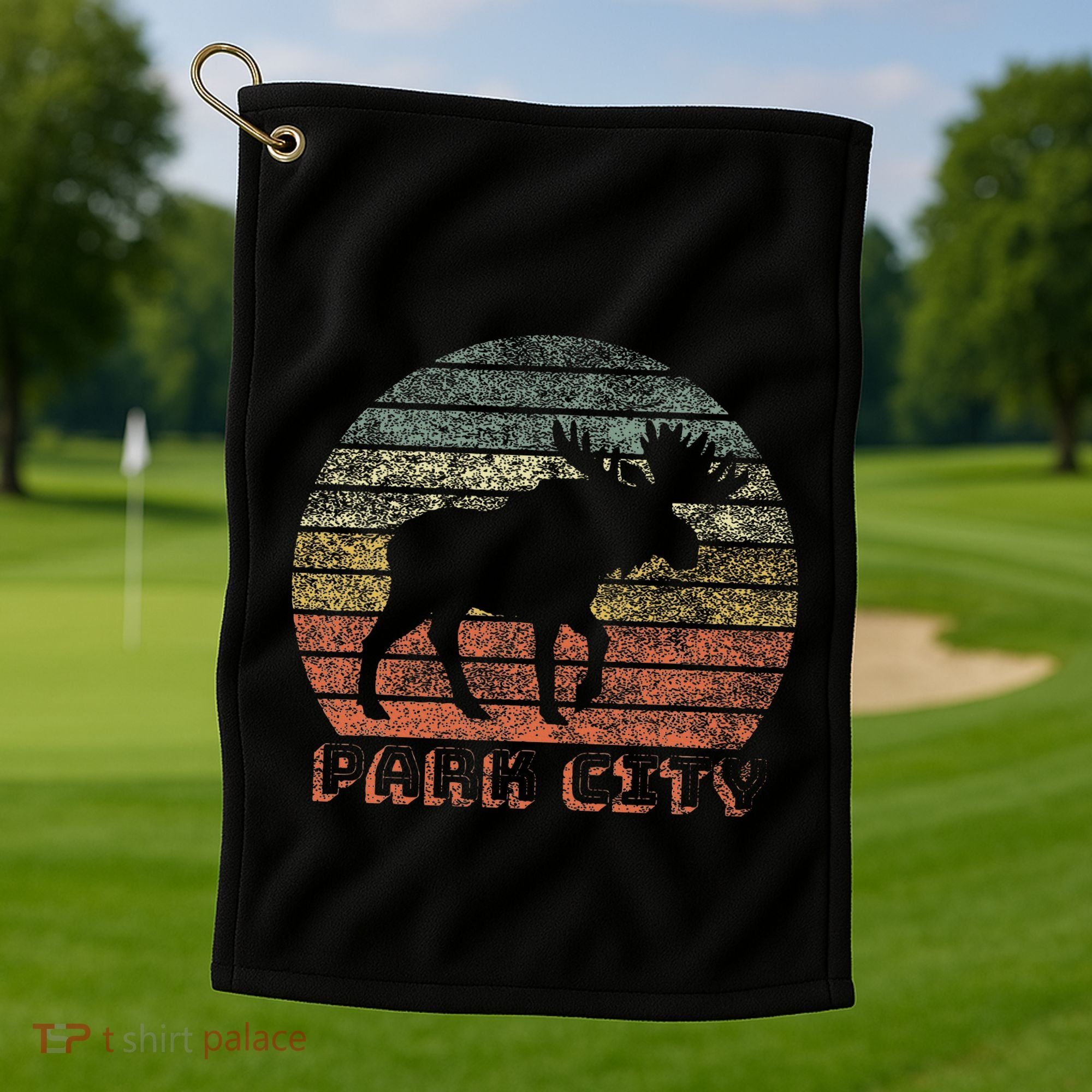 Park City Utah Moose Retro Sunset Nature Travel Golf Towel
