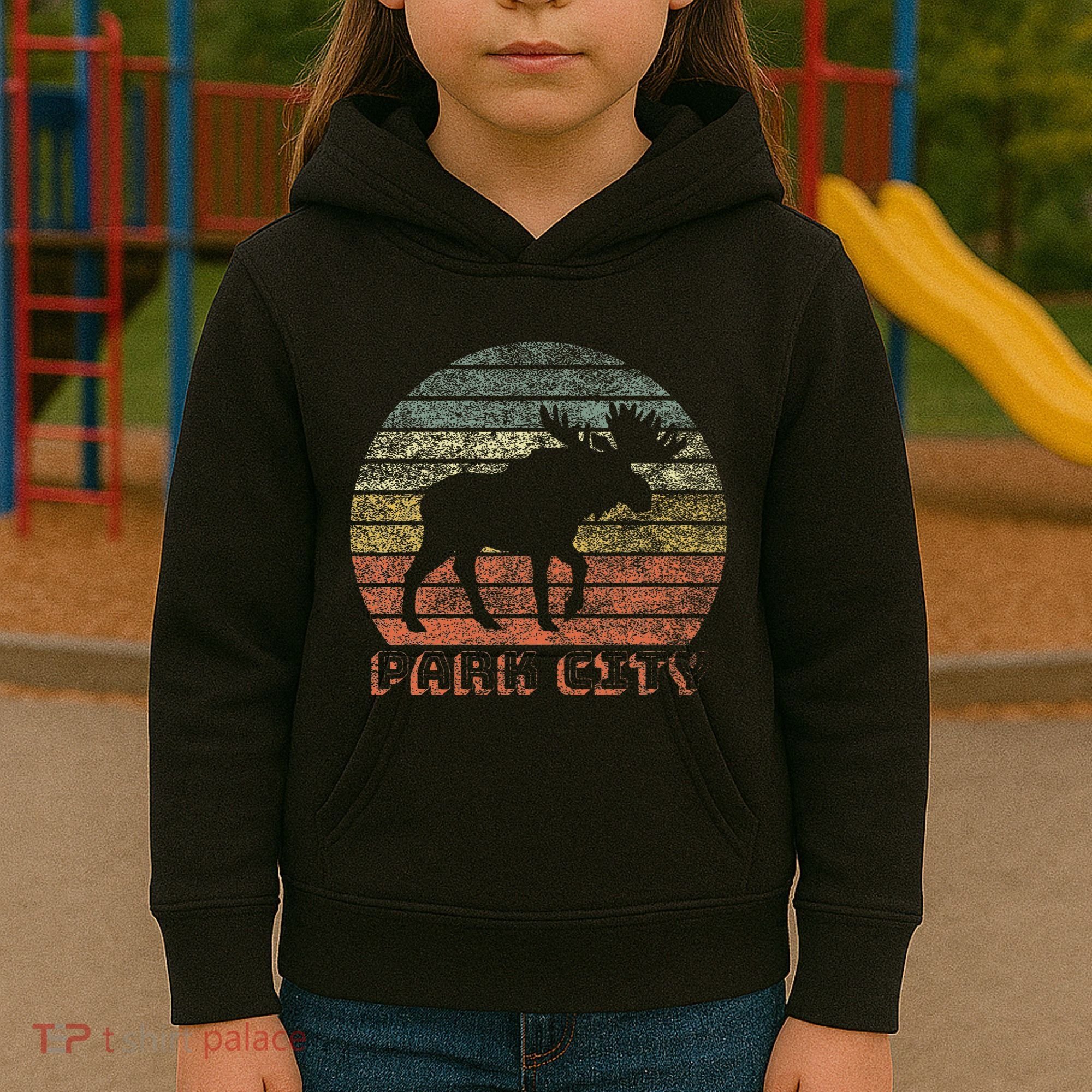 Park City Utah Moose Retro Sunset Nature Travel Kids Hoodie