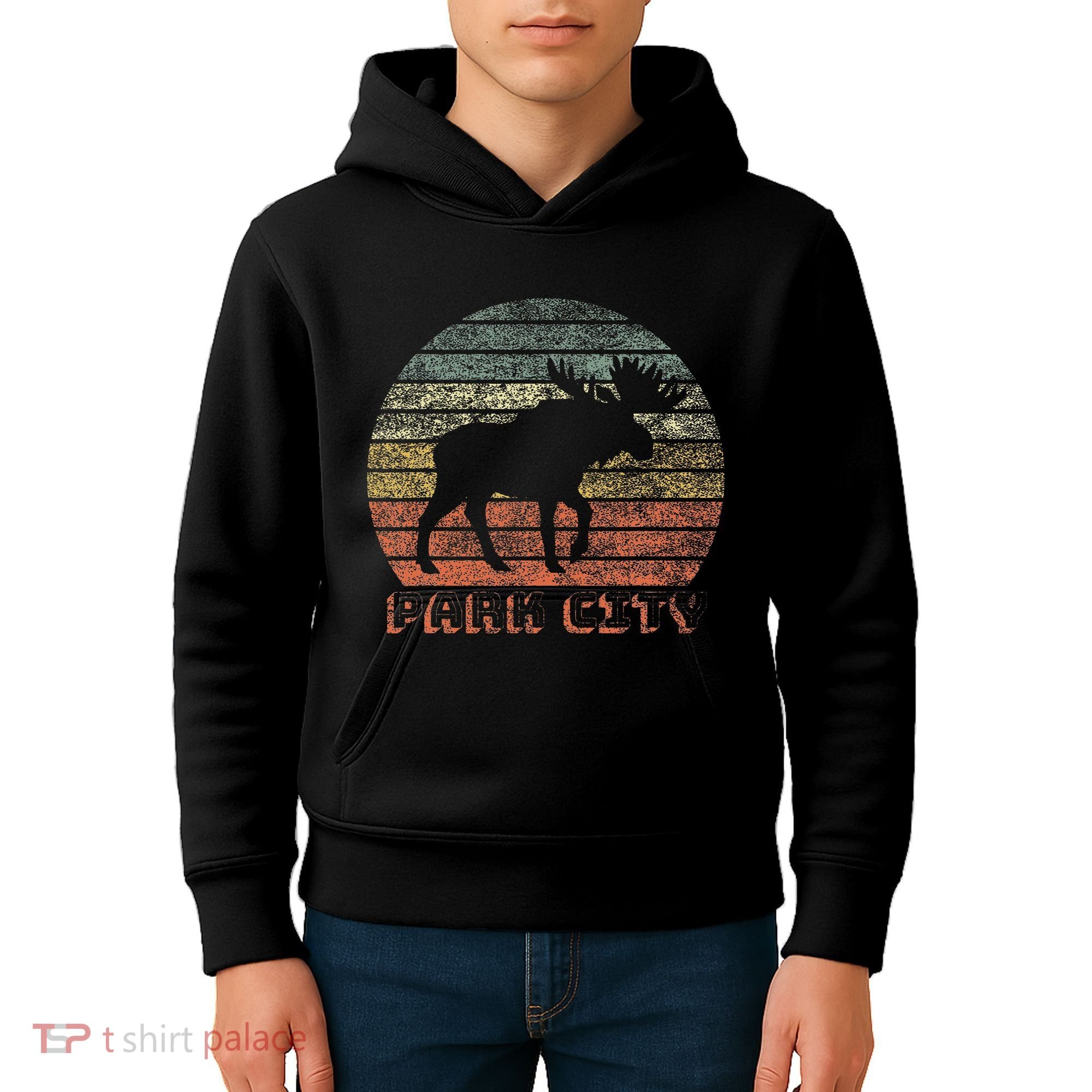 Park City Utah Moose Retro Sunset Nature Travel Kids Hoodie