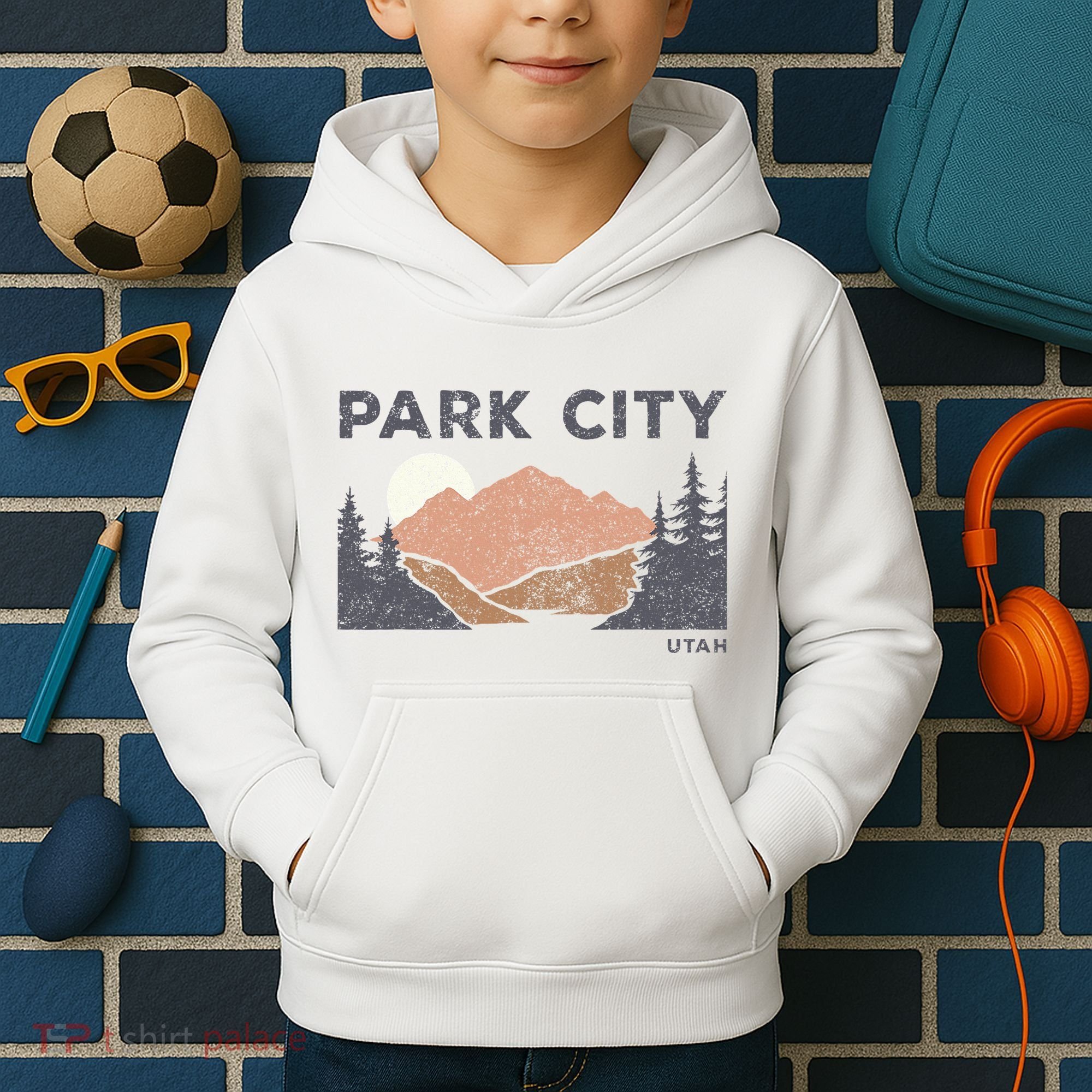 Park City Utah Faded Mountain Forest Hiking Kids Hoodie