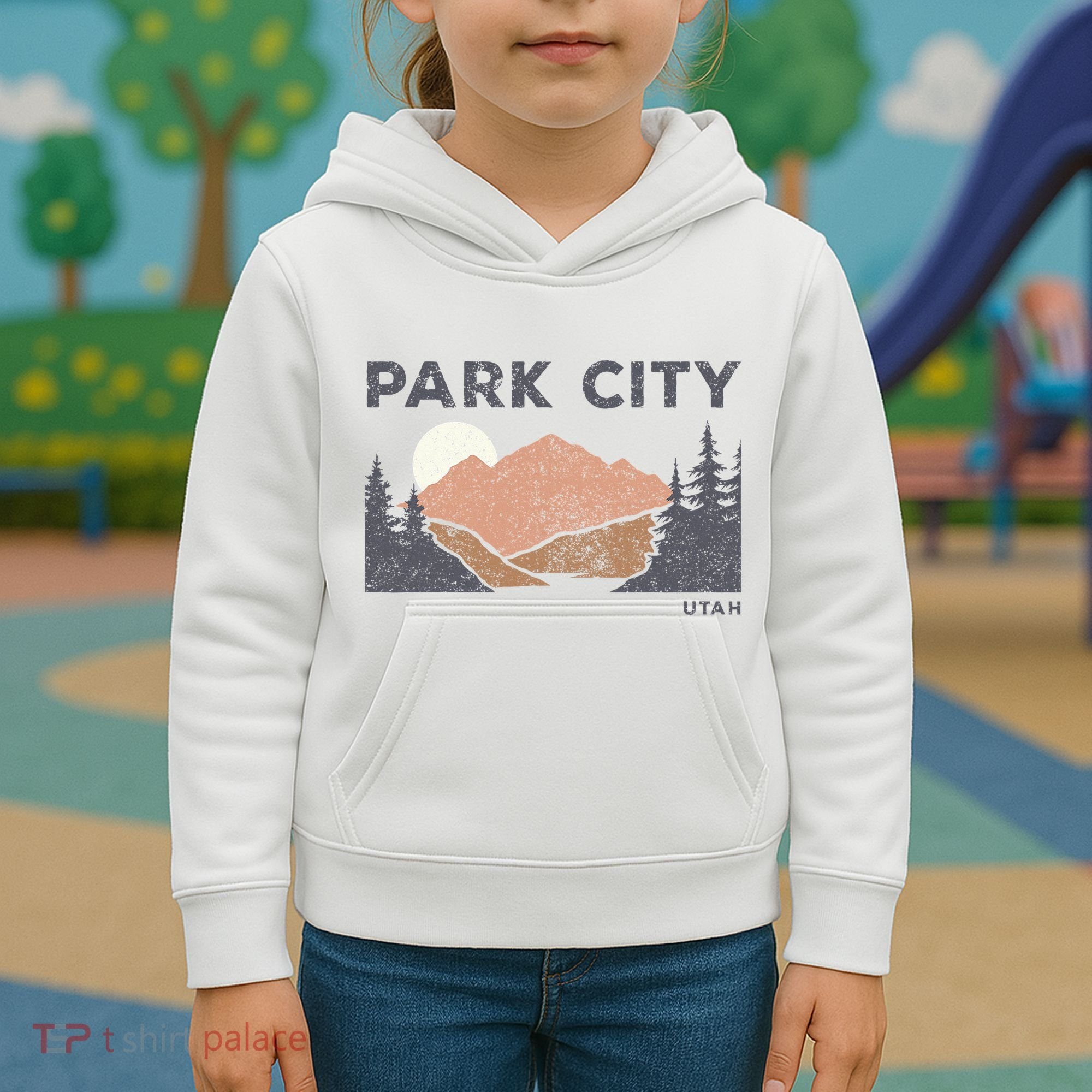 Park City Utah Faded Mountain Forest Hiking Kids Hoodie