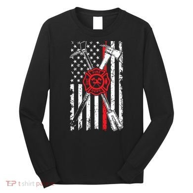 Patriotic Design Axe Halligan Thin Line Red Firefighter Long Sleeve Shirt