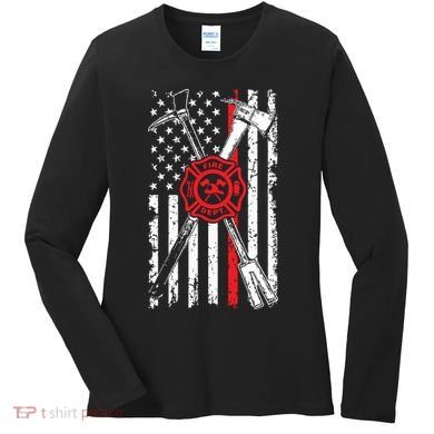 Patriotic Design Axe Halligan Thin Line Red Firefighter Women's Long Sleeve Shirt