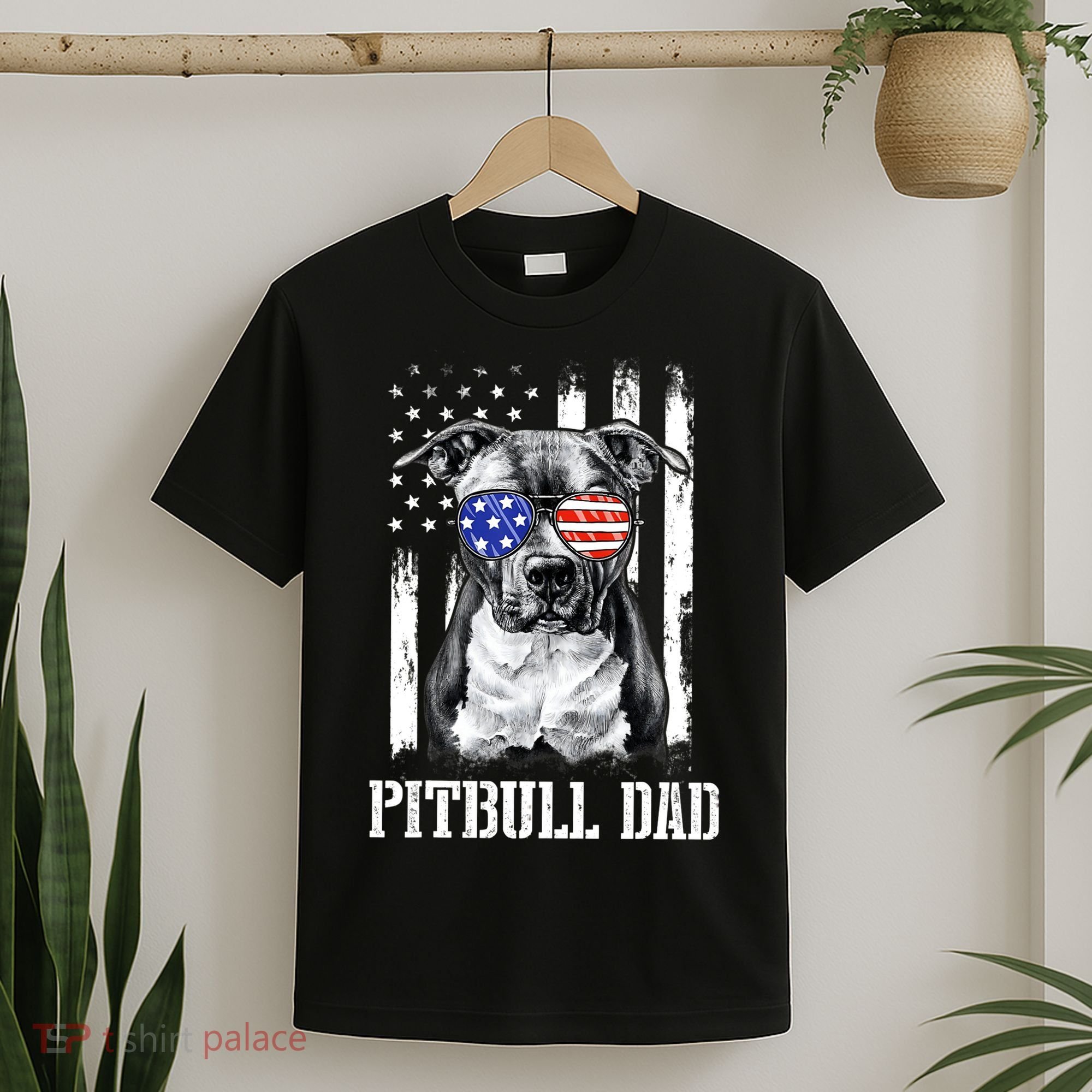 Pitbull Dad American Flag 4th Of July Dog Father's Days T-Shirt
