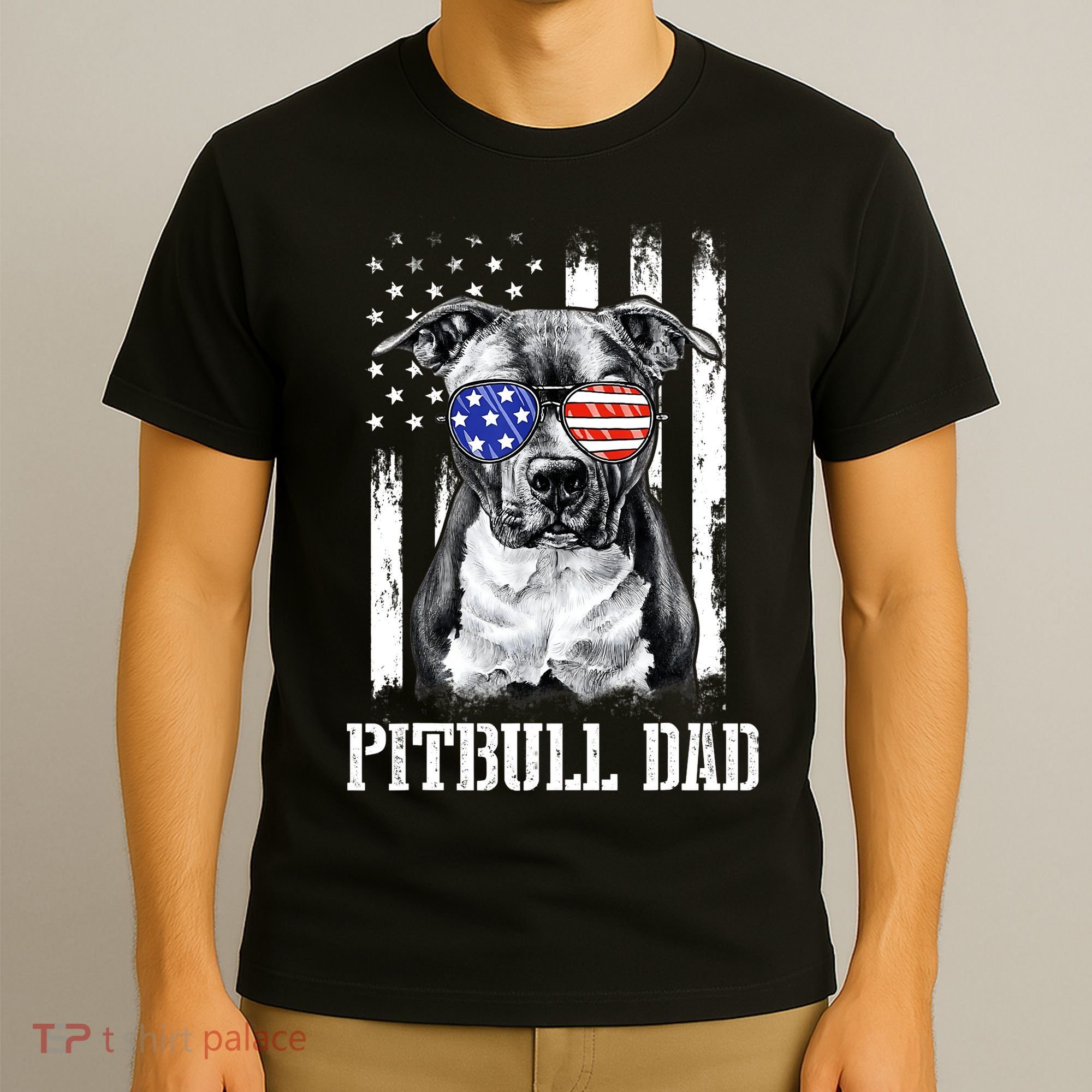 Pitbull Dad American Flag 4th Of July Dog Father's Days T-Shirt