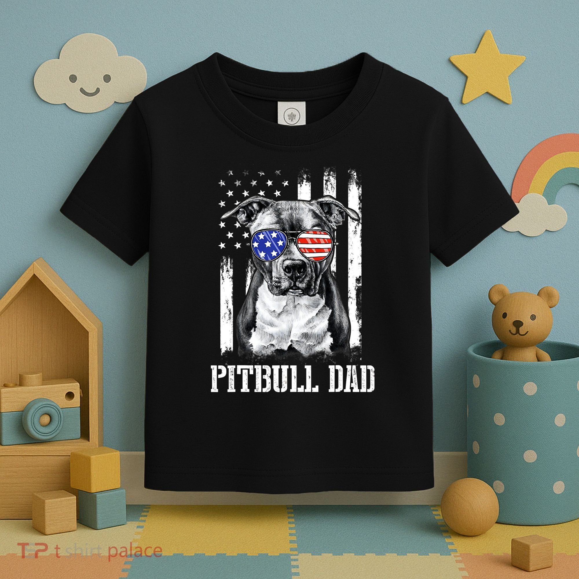 Pitbull Dad American Flag 4th Of July Dog Father's Days Toddler T-Shirt