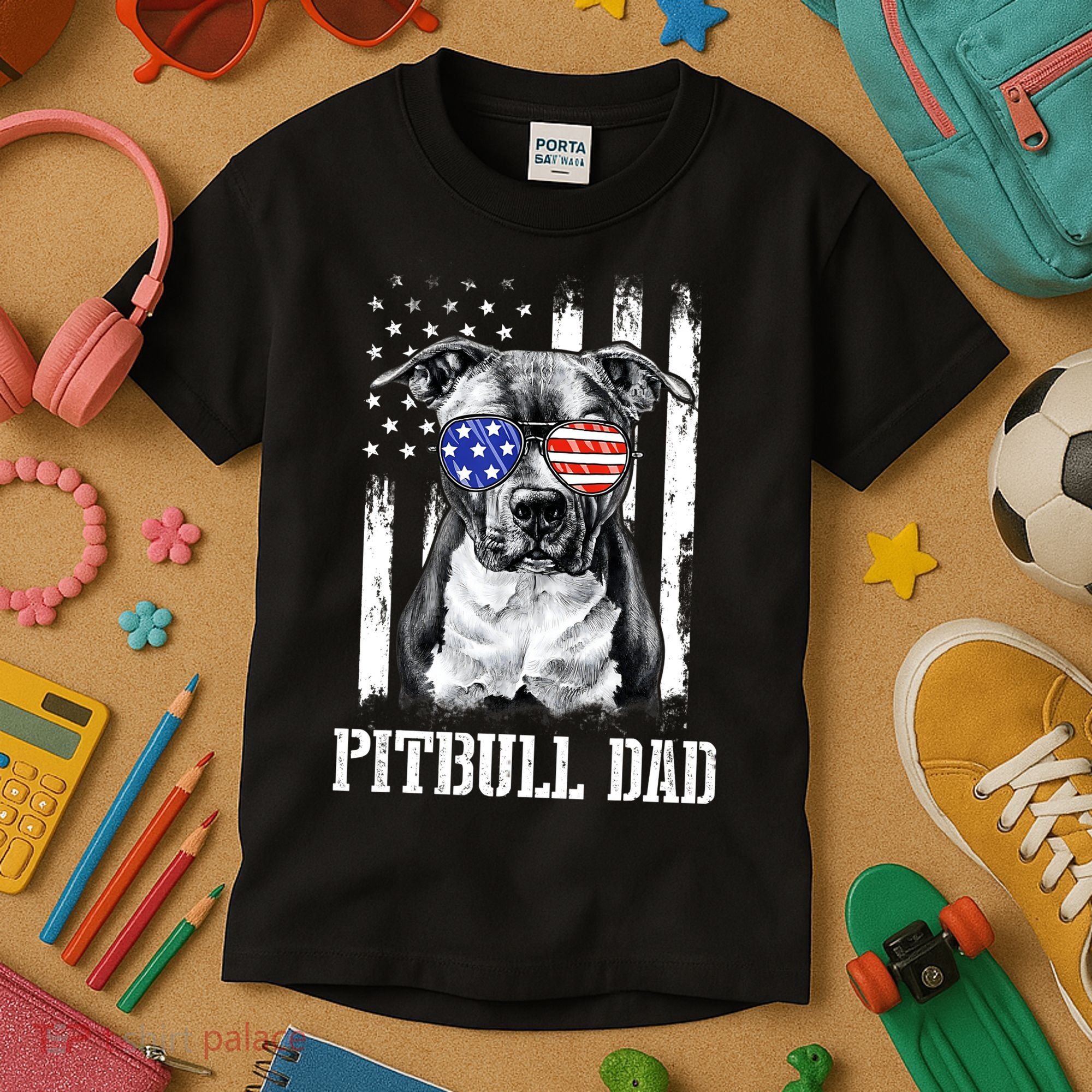 Pitbull Dad American Flag 4th Of July Dog Father's Days Kids T-Shirt
