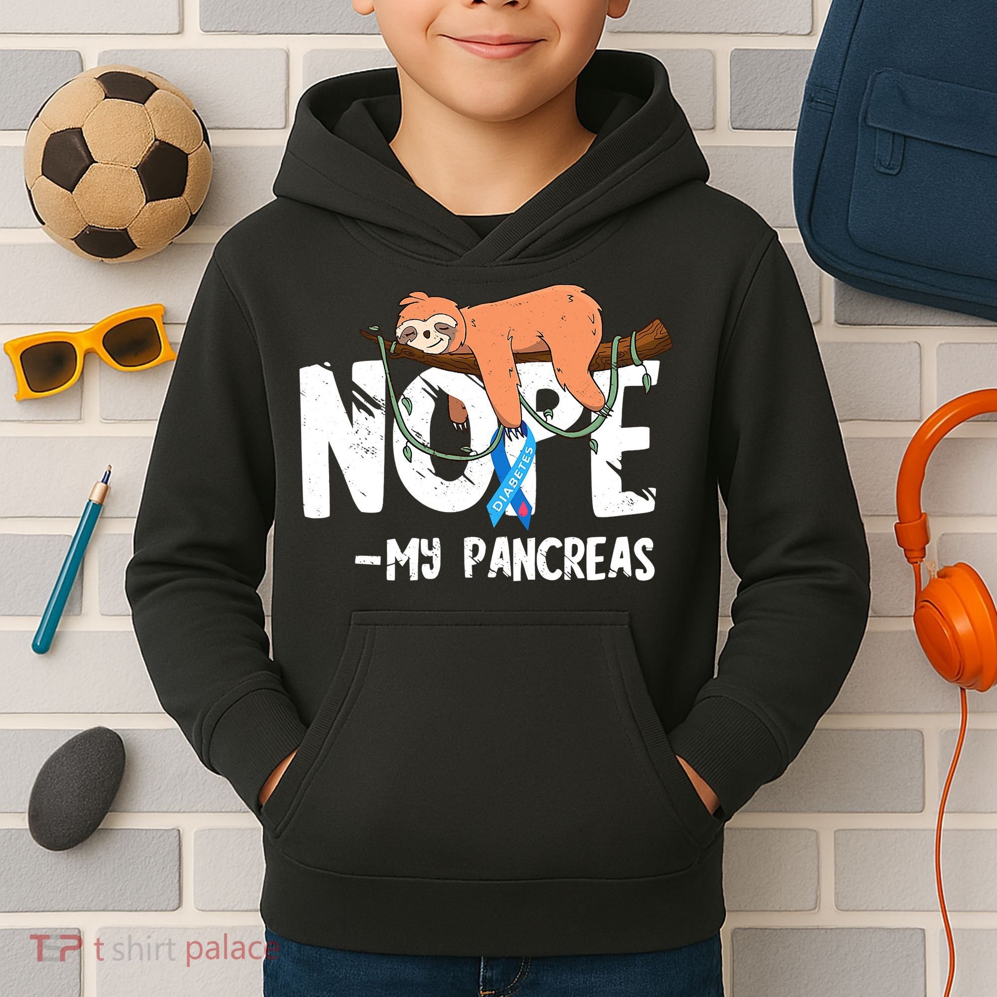 Pancreas Diabetes Awareness Blood Sugar Diabetic Sloth T1D Kids Hoodie