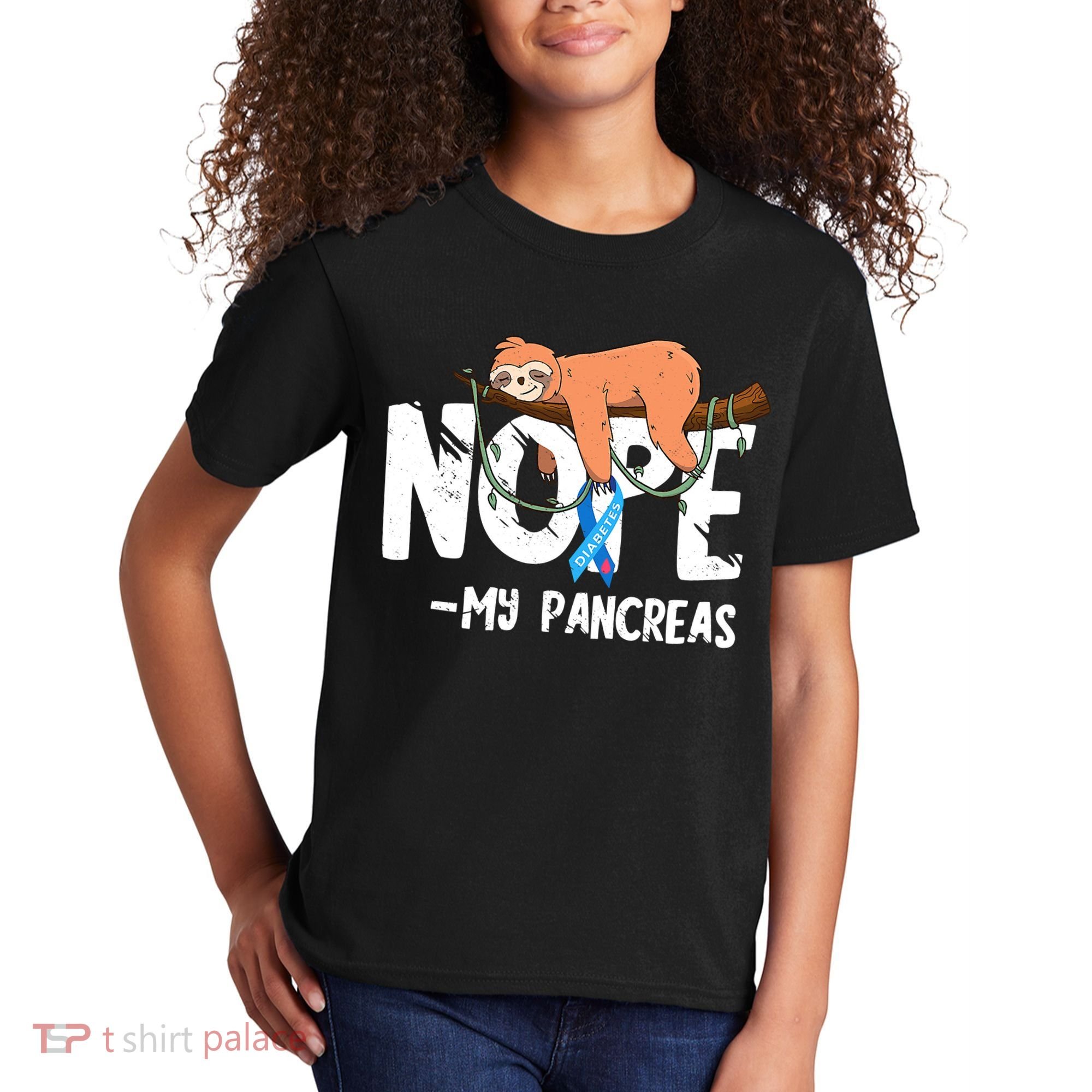 Pancreas Diabetes Awareness Blood Sugar Diabetic Sloth T1D Kids T-Shirt