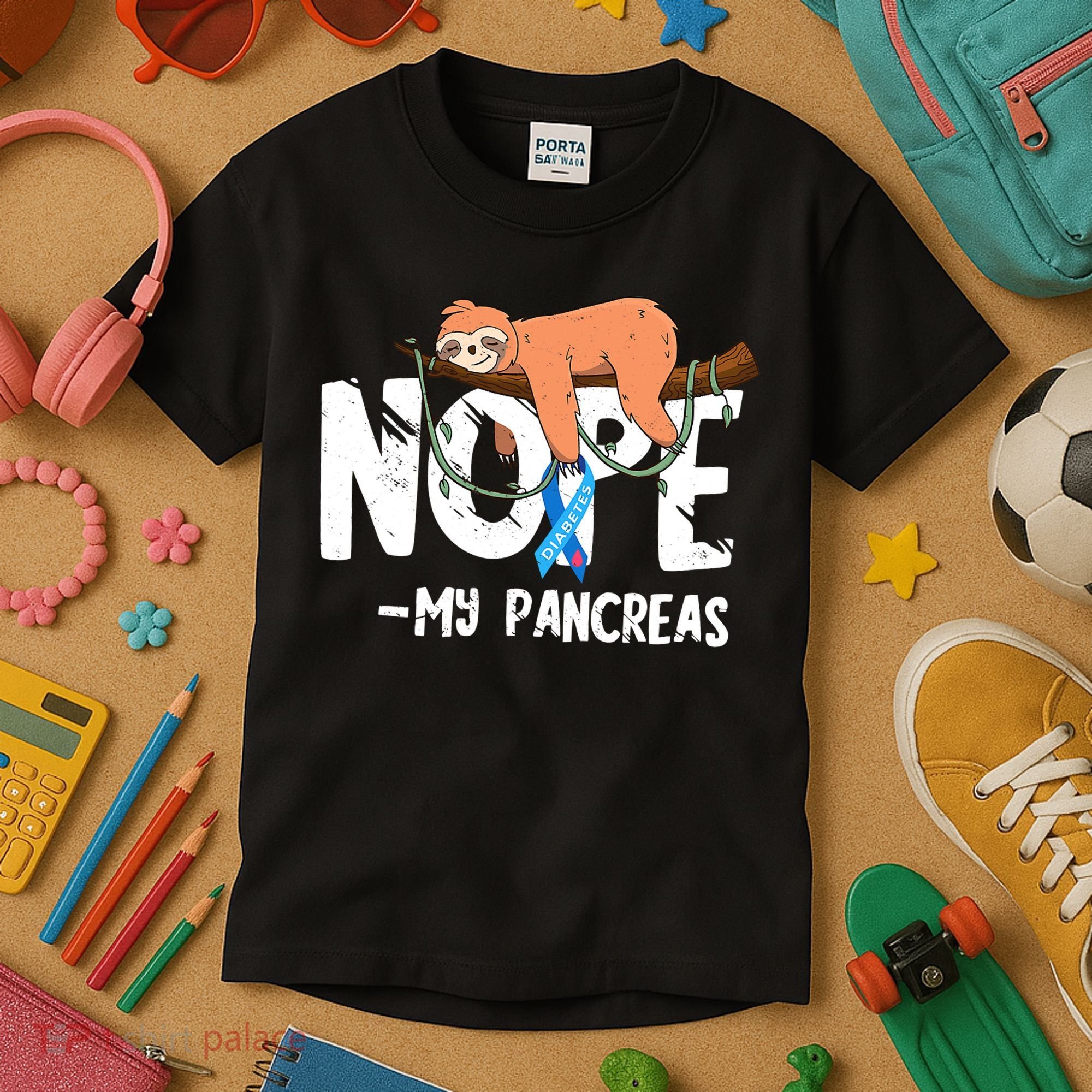 Pancreas Diabetes Awareness Blood Sugar Diabetic Sloth T1D Kids T-Shirt
