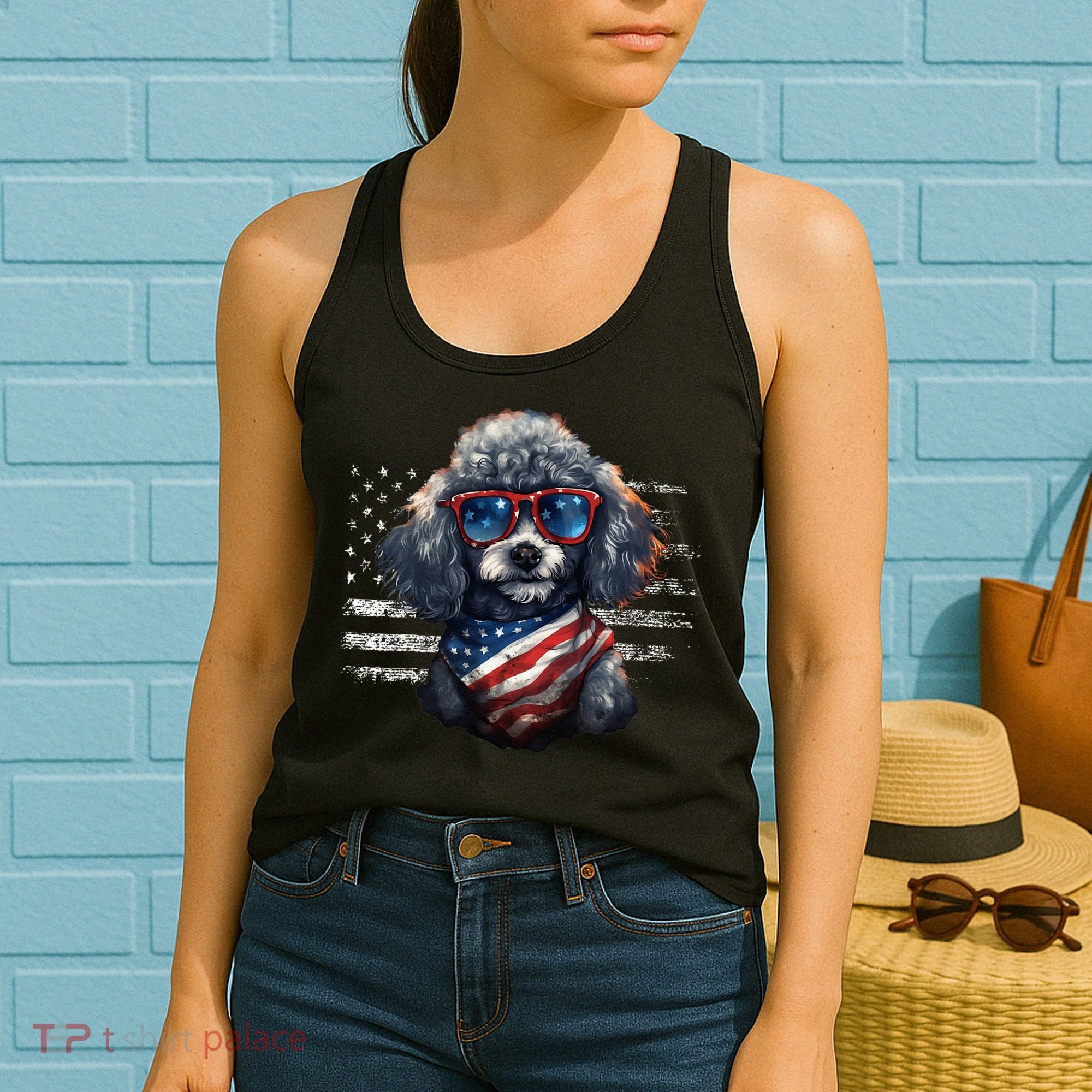 Poodle Dog Dad Dog Mom USA Flag 4th Of July Women's Tank Top