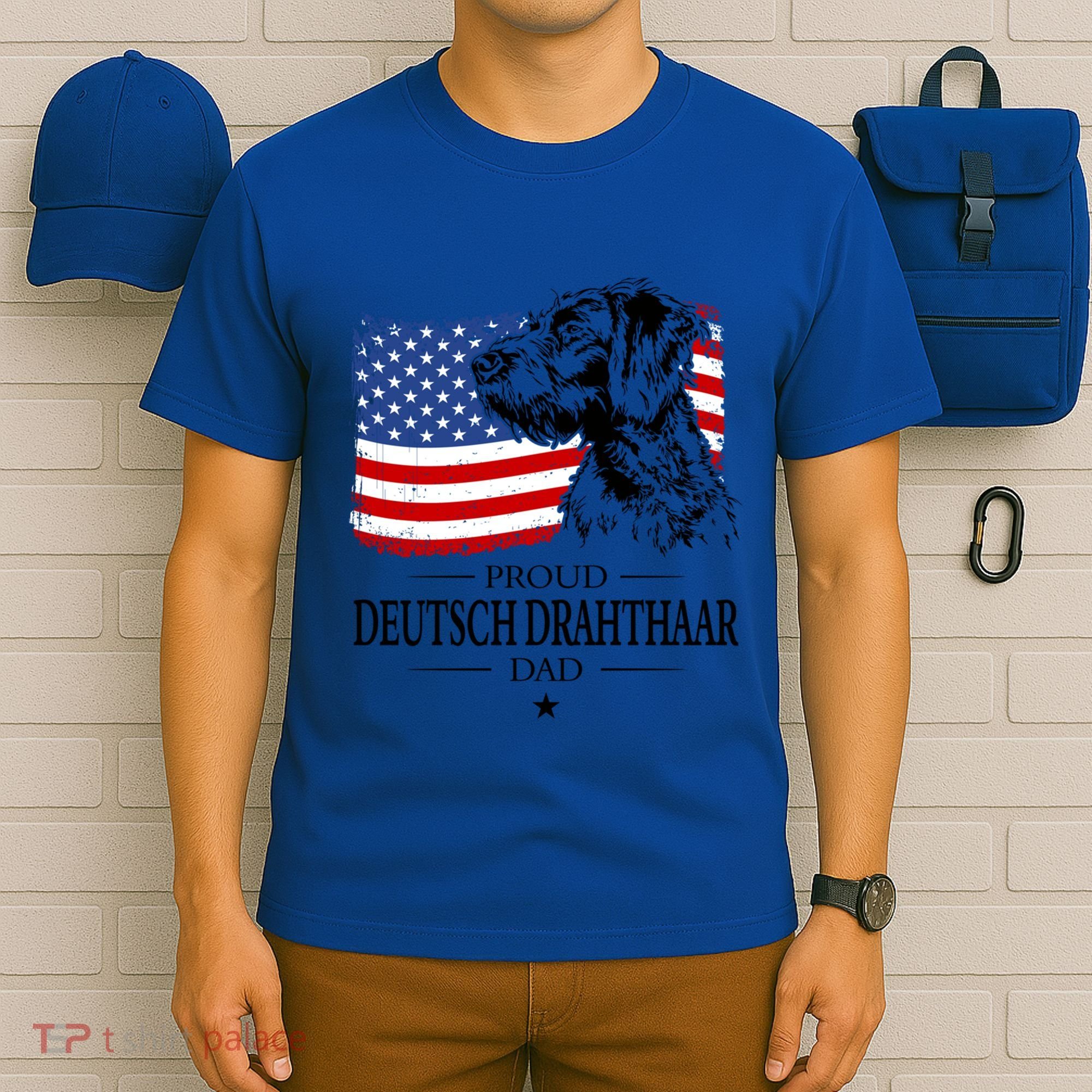 Proud Deutsch Drahthaar Dad American Flag Dog Funny Gift T-Shirt