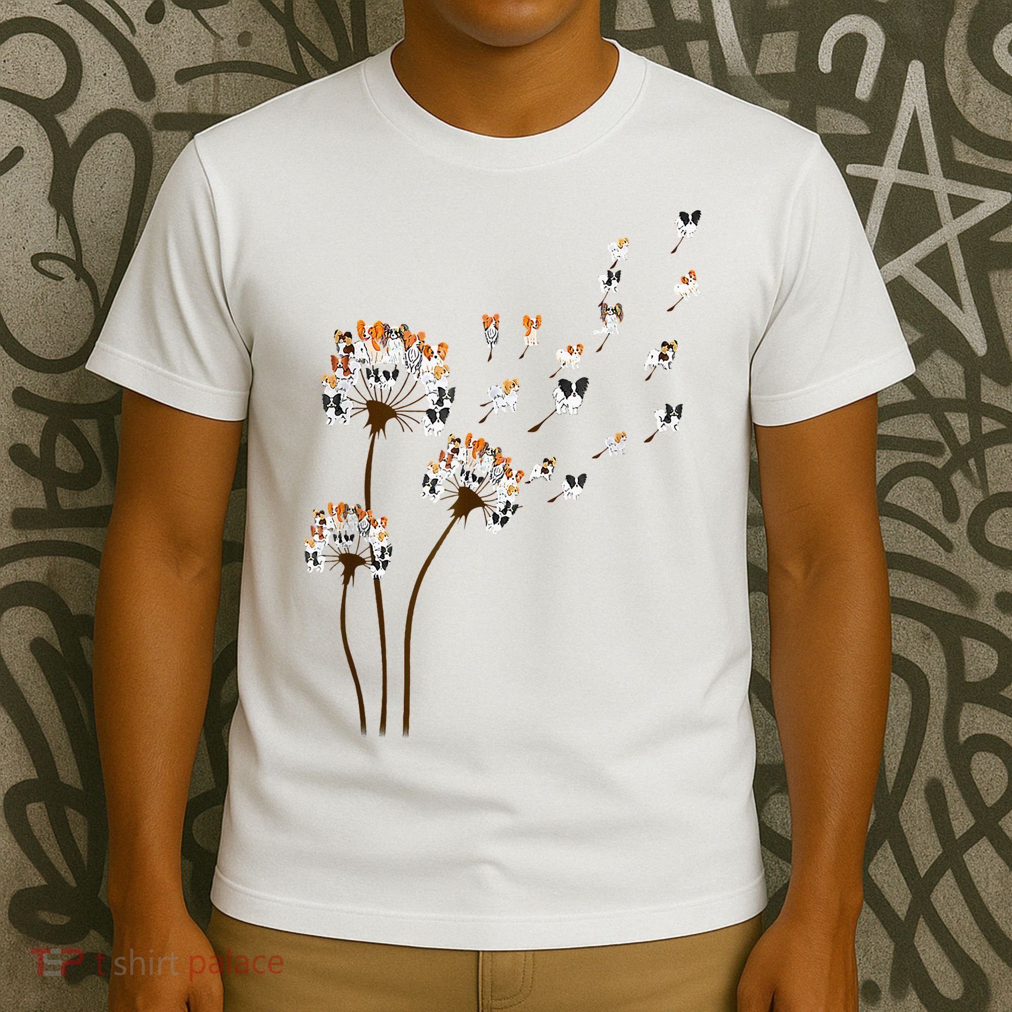 Papillon Dogs Flower Fly Dandelion Dog Mama Dog Lover T-Shirt
