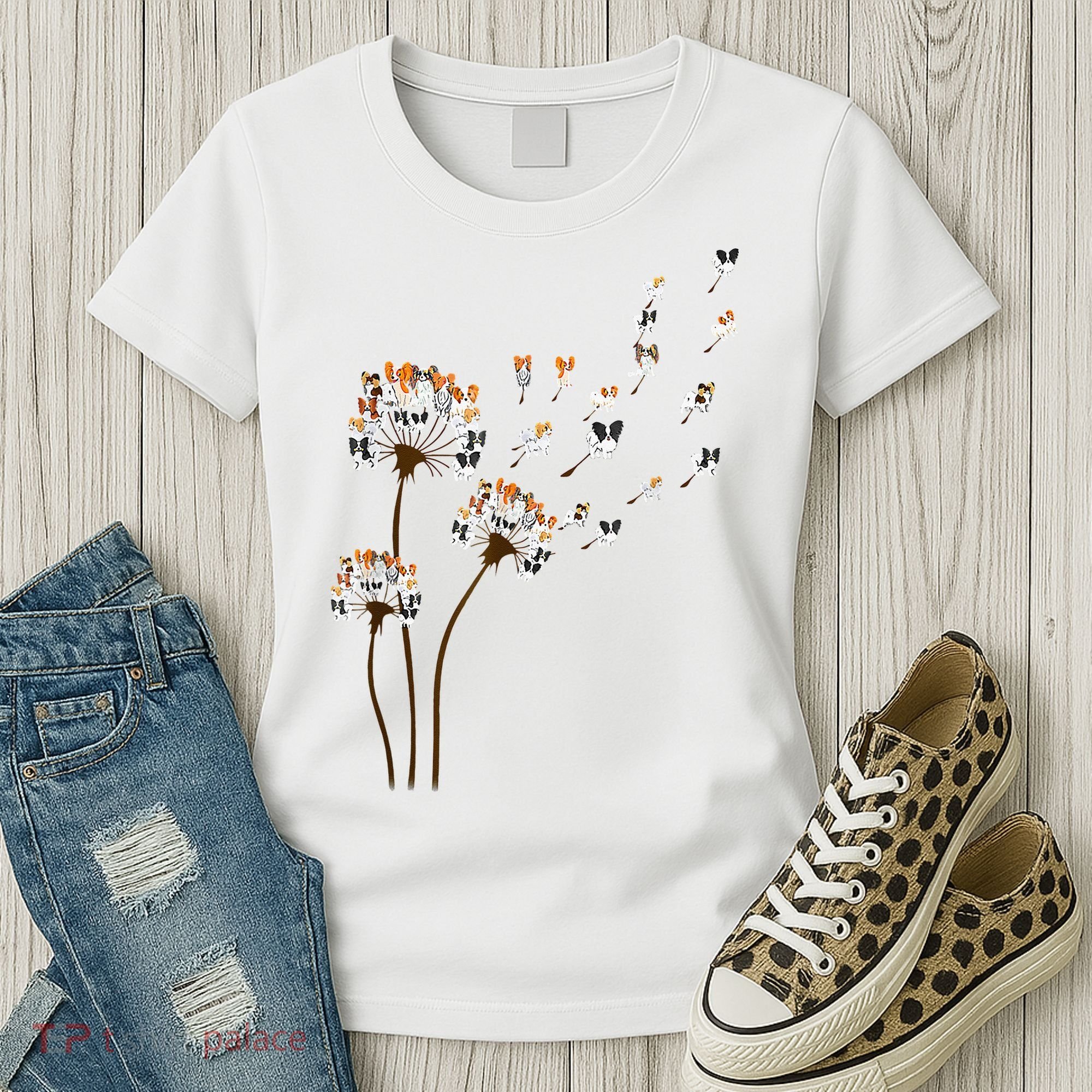 Papillon Dogs Flower Fly Dandelion Dog Mama Dog Lover Women's T-Shirt
