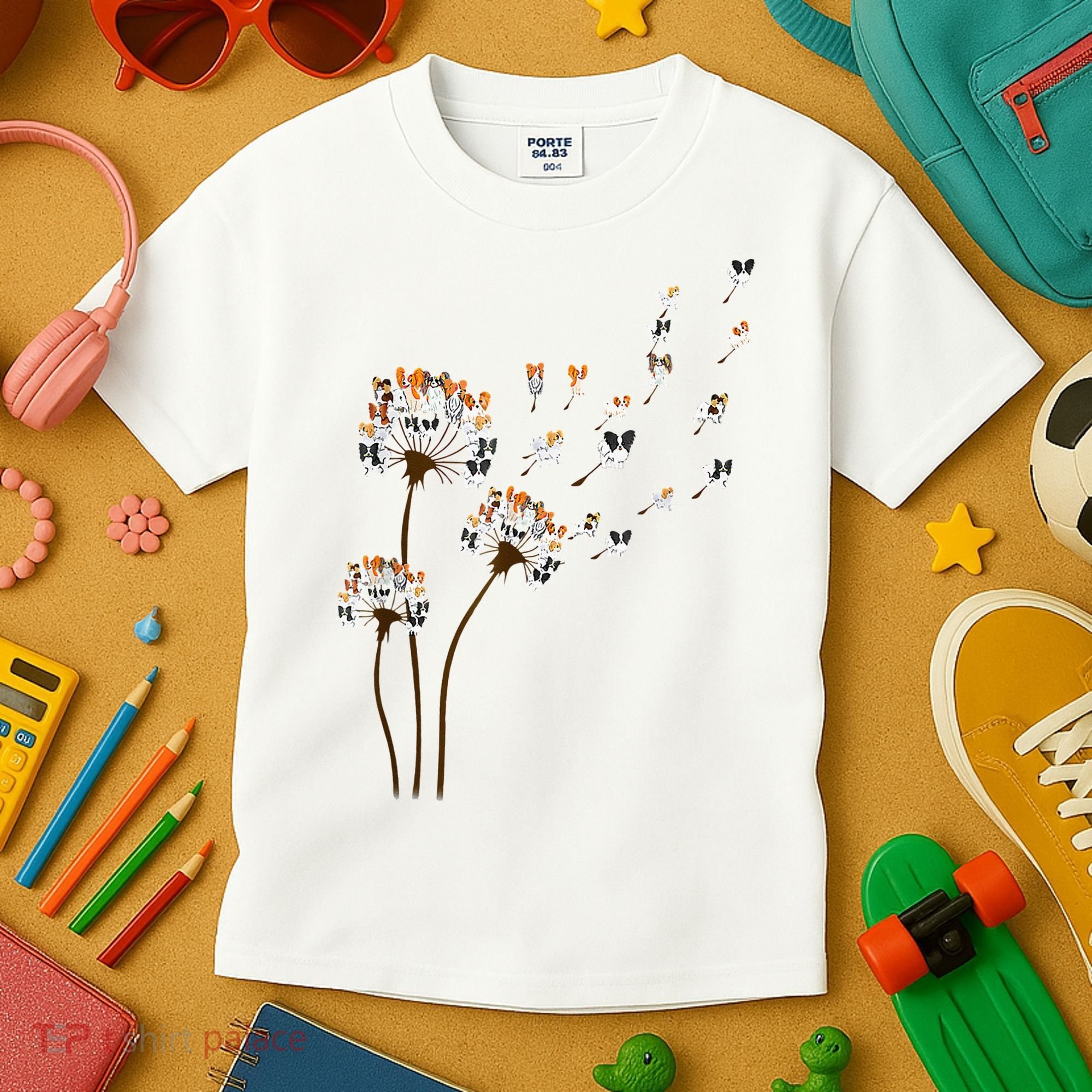 Papillon Dogs Flower Fly Dandelion Dog Mama Dog Lover Kids T-Shirt