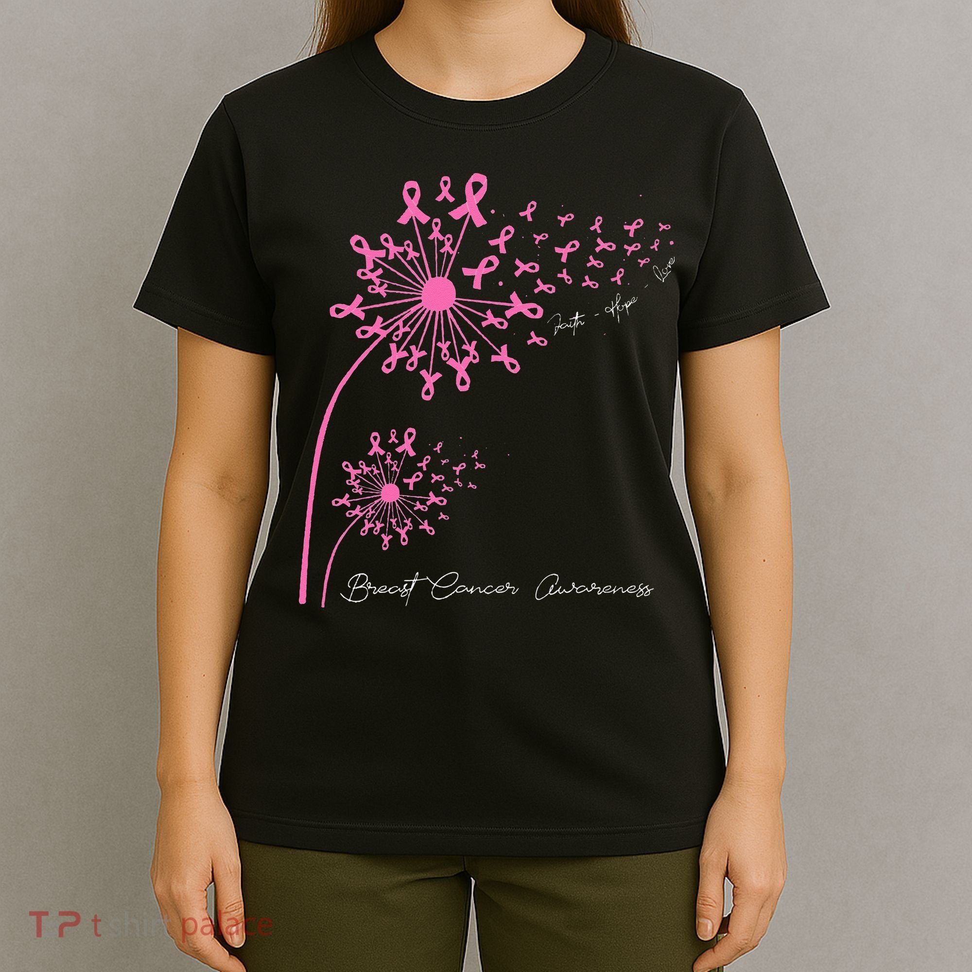 Pink Dandelion Faith Hope Love Breast Cancer Awareness T-Shirt