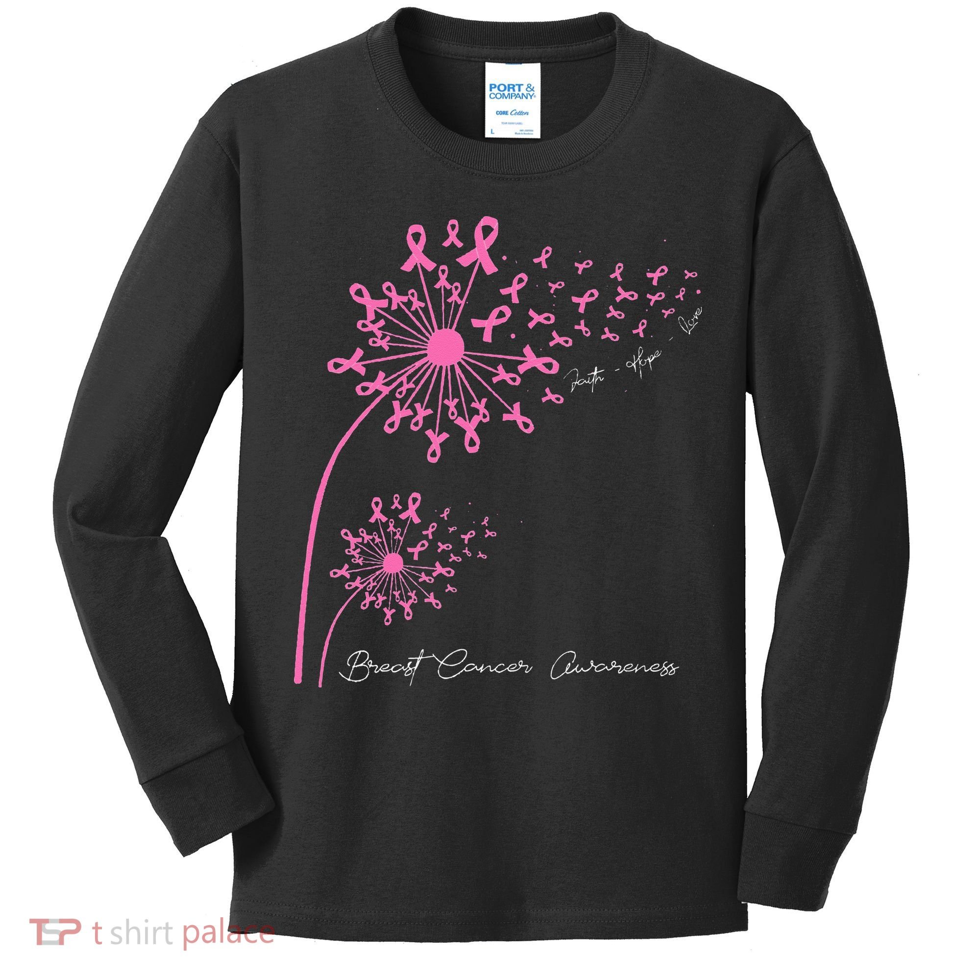 Pink Dandelion Faith Hope Love Breast Cancer Awareness Kids Long Sleeve Shirt