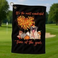 Pug Dog Fall Thanksgiving Most Wonderful Time Of The Year Gift Golf Towel thumb 1