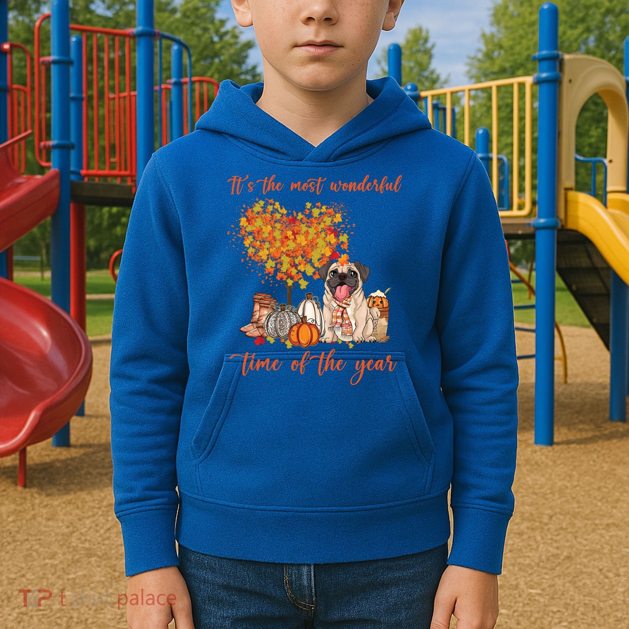 Pug Dog Fall Thanksgiving Most Wonderful Time Of The Year Gift Kids Hoodie