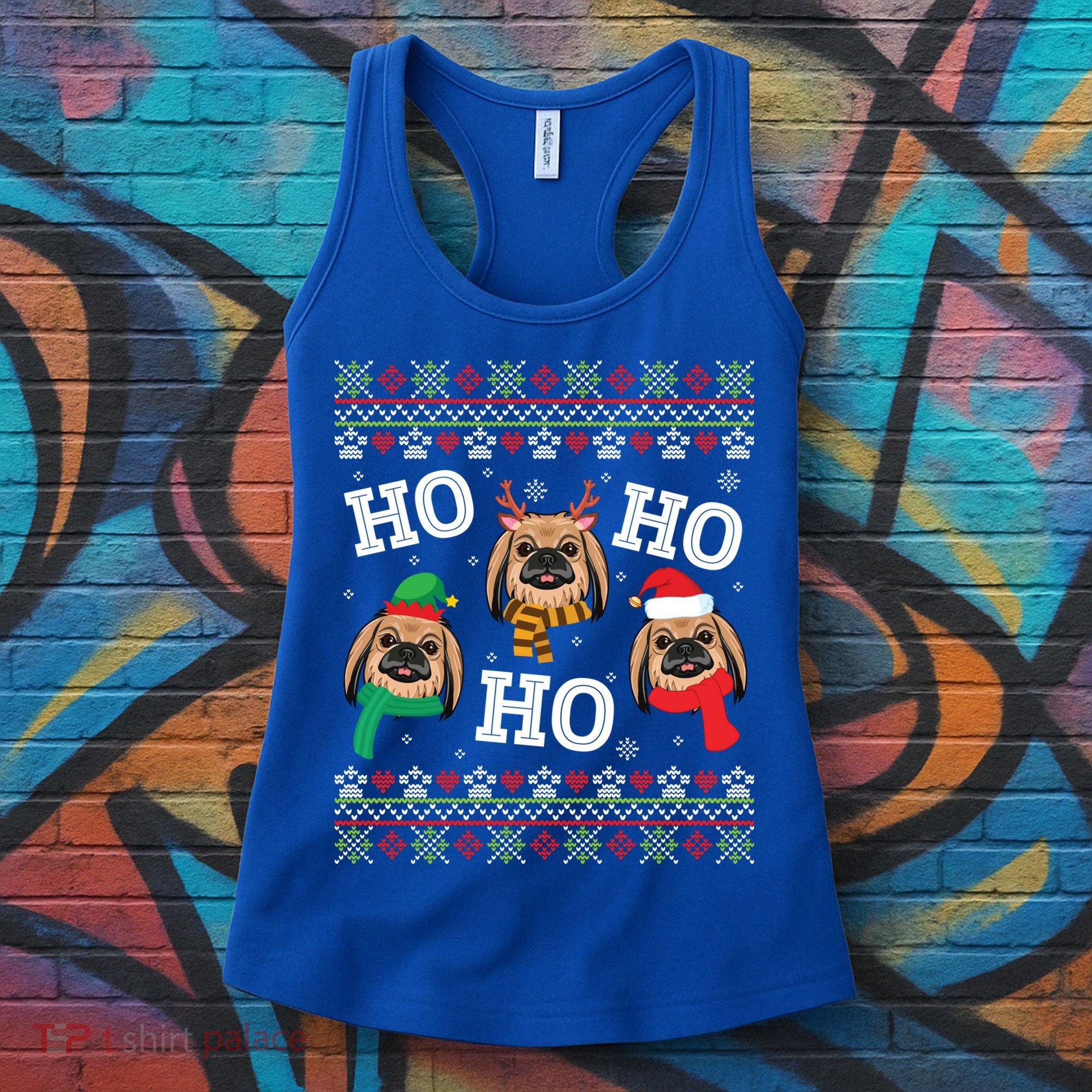 Pekingese Dog Ho Ho Ho Merry Christmas Dad Mom Ugly Sweater Gift Women's Tank Top