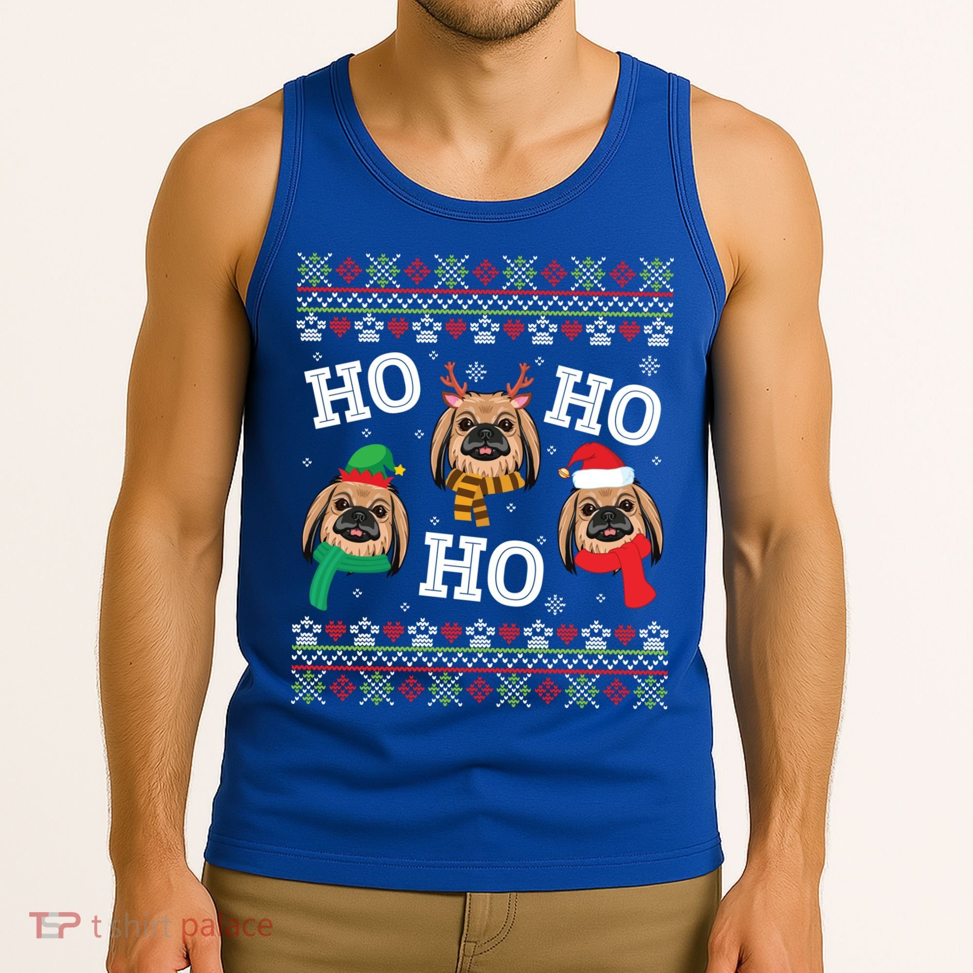 Pekingese Dog Ho Ho Ho Merry Christmas Dad Mom Ugly Sweater Gift Tank Top