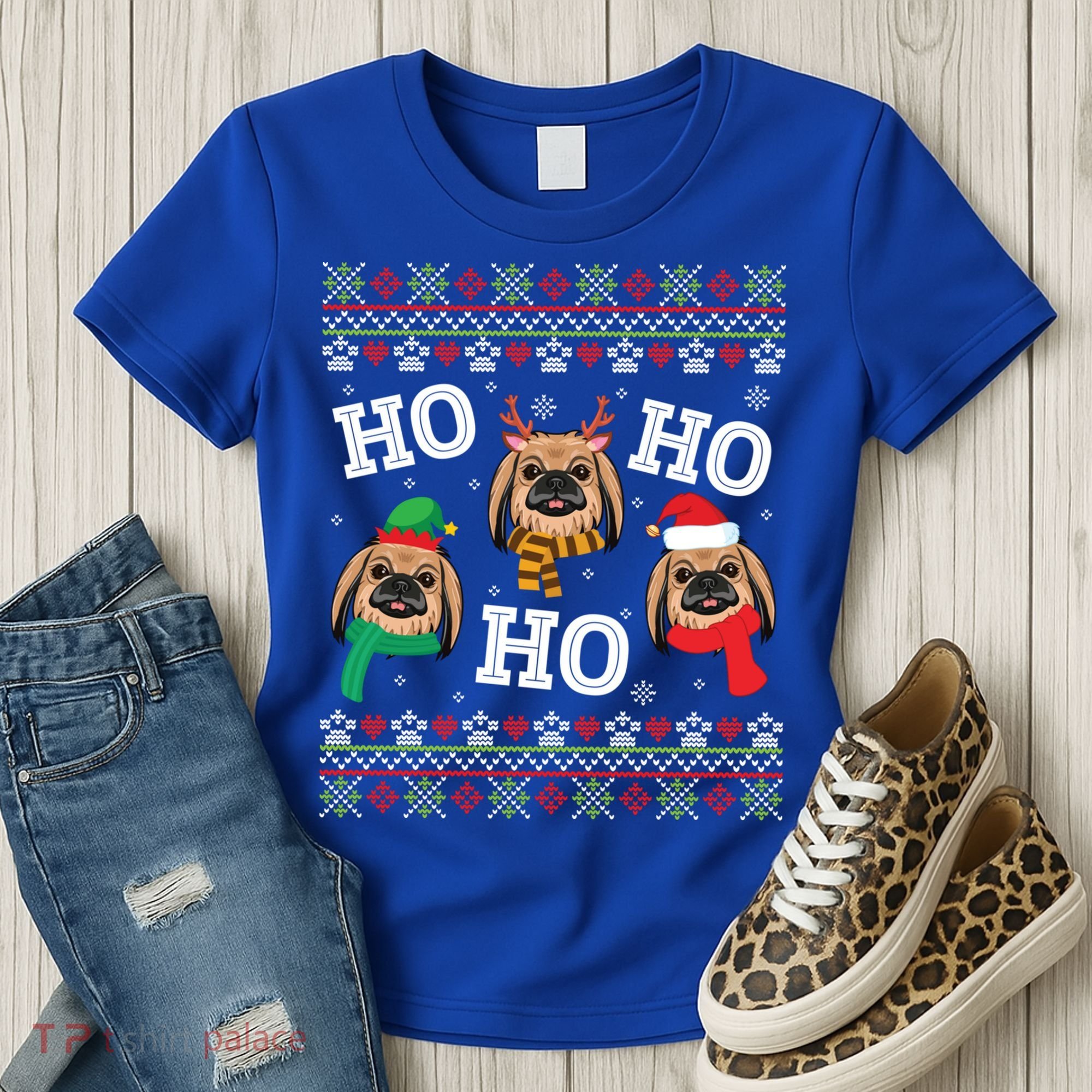 Pekingese Dog Ho Ho Ho Merry Christmas Dad Mom Ugly Sweater Gift Women's T-Shirt