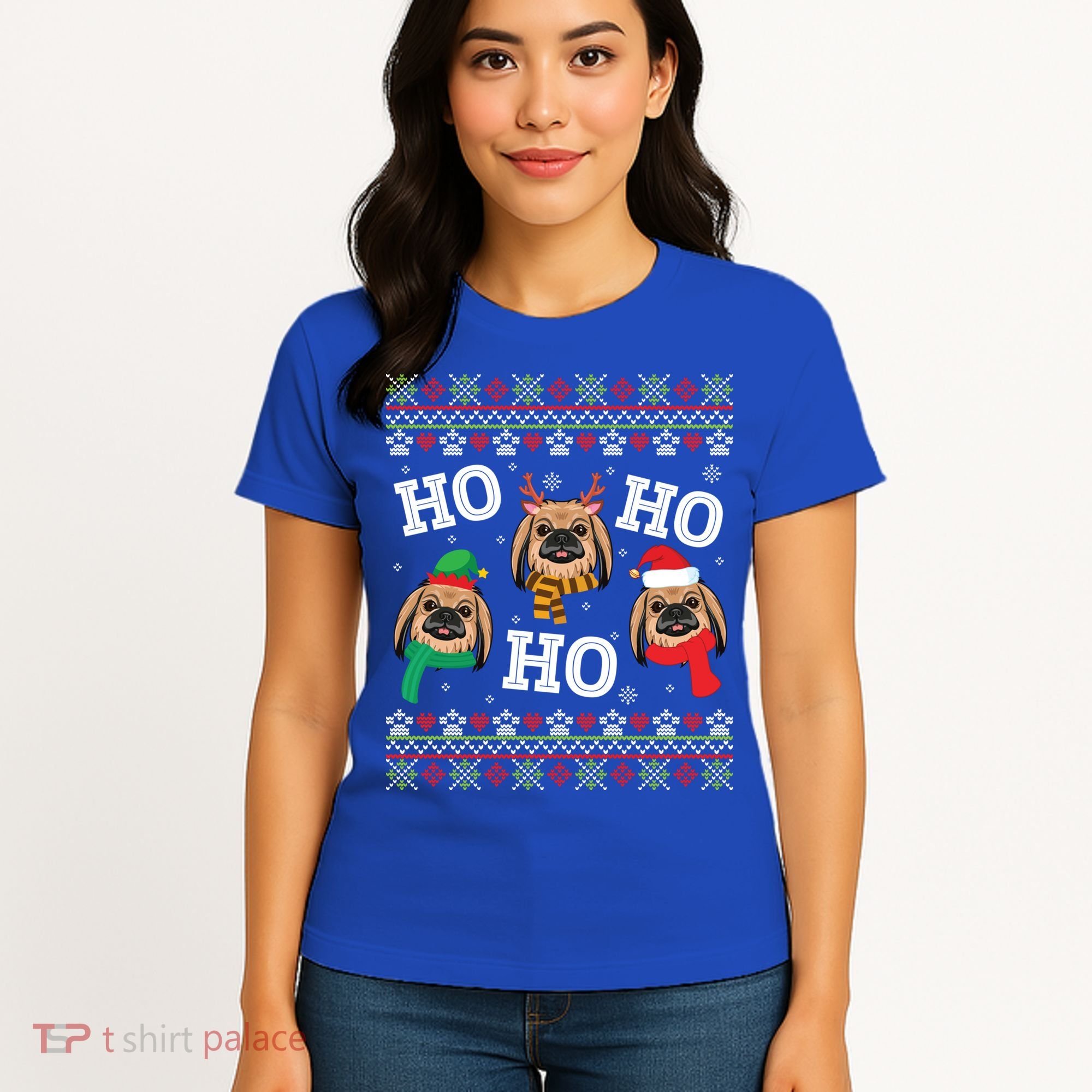 Pekingese Dog Ho Ho Ho Merry Christmas Dad Mom Ugly Sweater Gift Women's T-Shirt