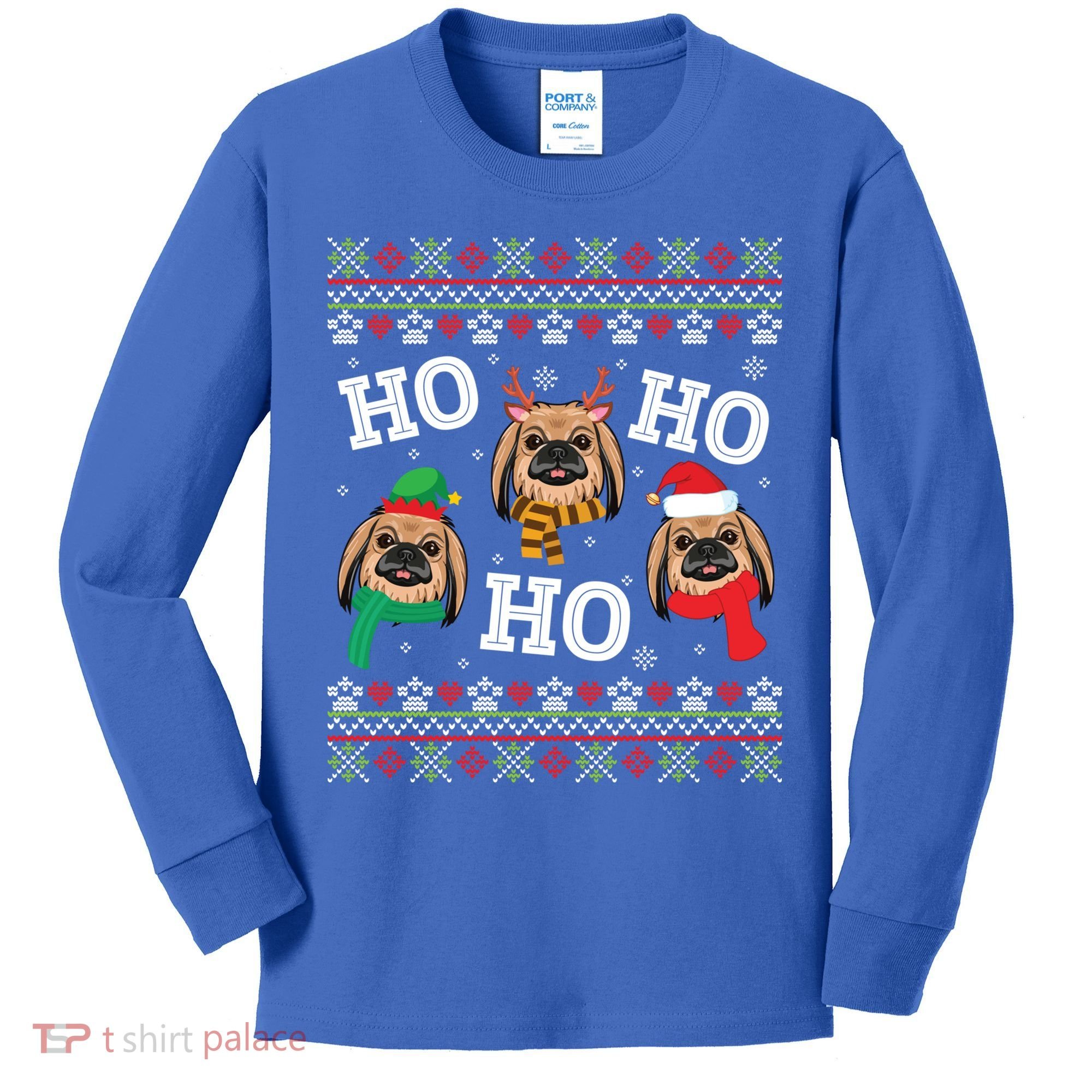 Pekingese Dog Ho Ho Ho Merry Christmas Dad Mom Ugly Sweater Gift Kids Long Sleeve Shirt
