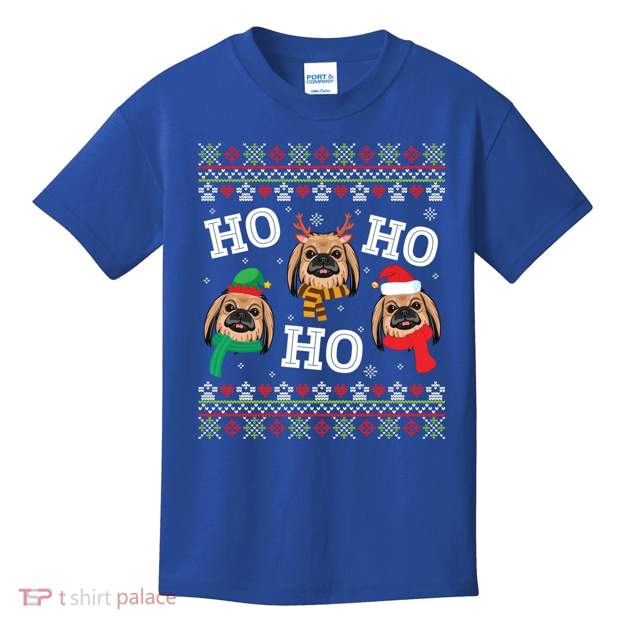Pekingese Dog Ho Ho Ho Merry Christmas Dad Mom Ugly Sweater Gift Kids T-Shirt
