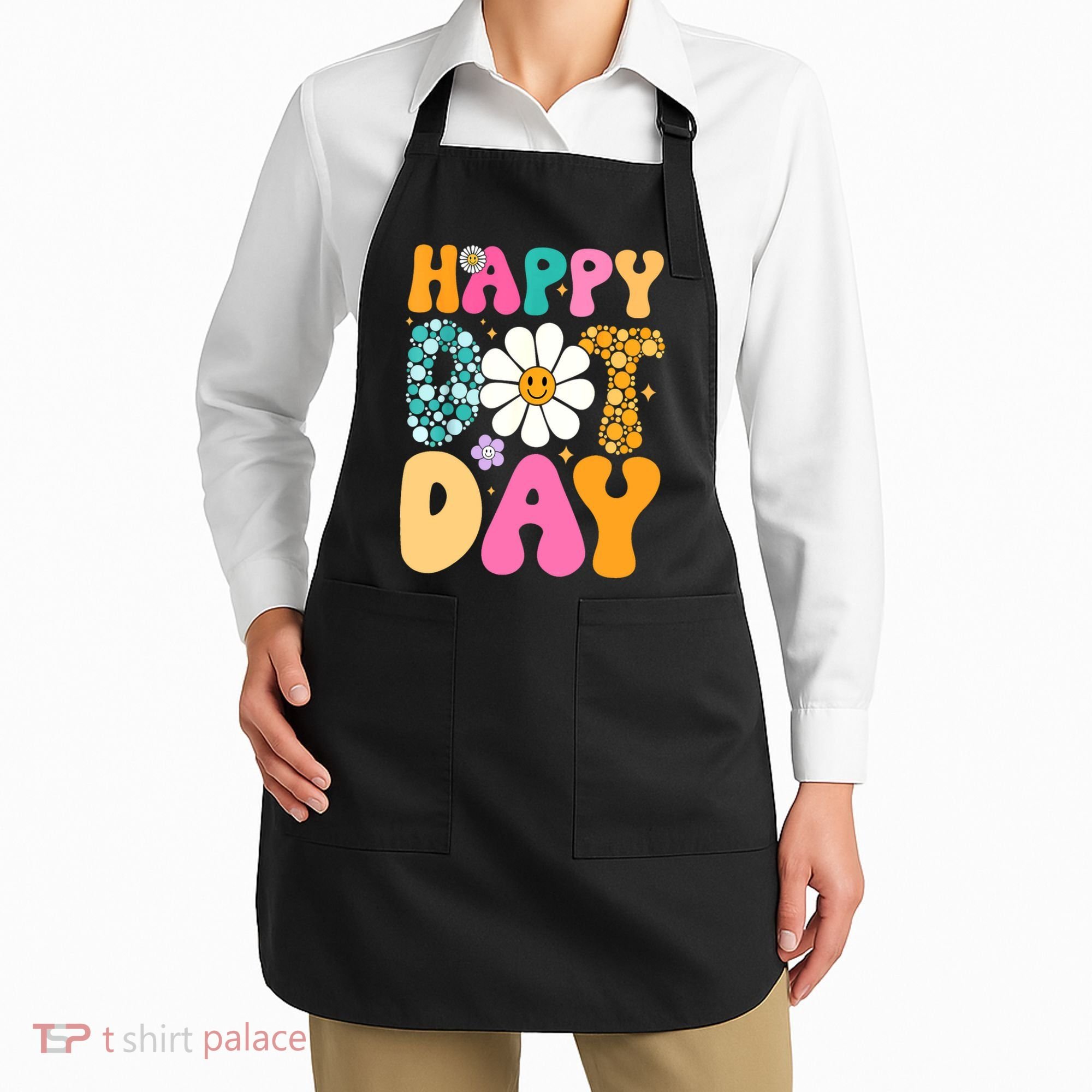 Polka Dot Hippie Flowers Smile Face Groovy Teacher Happy Dot Day Gift Apron