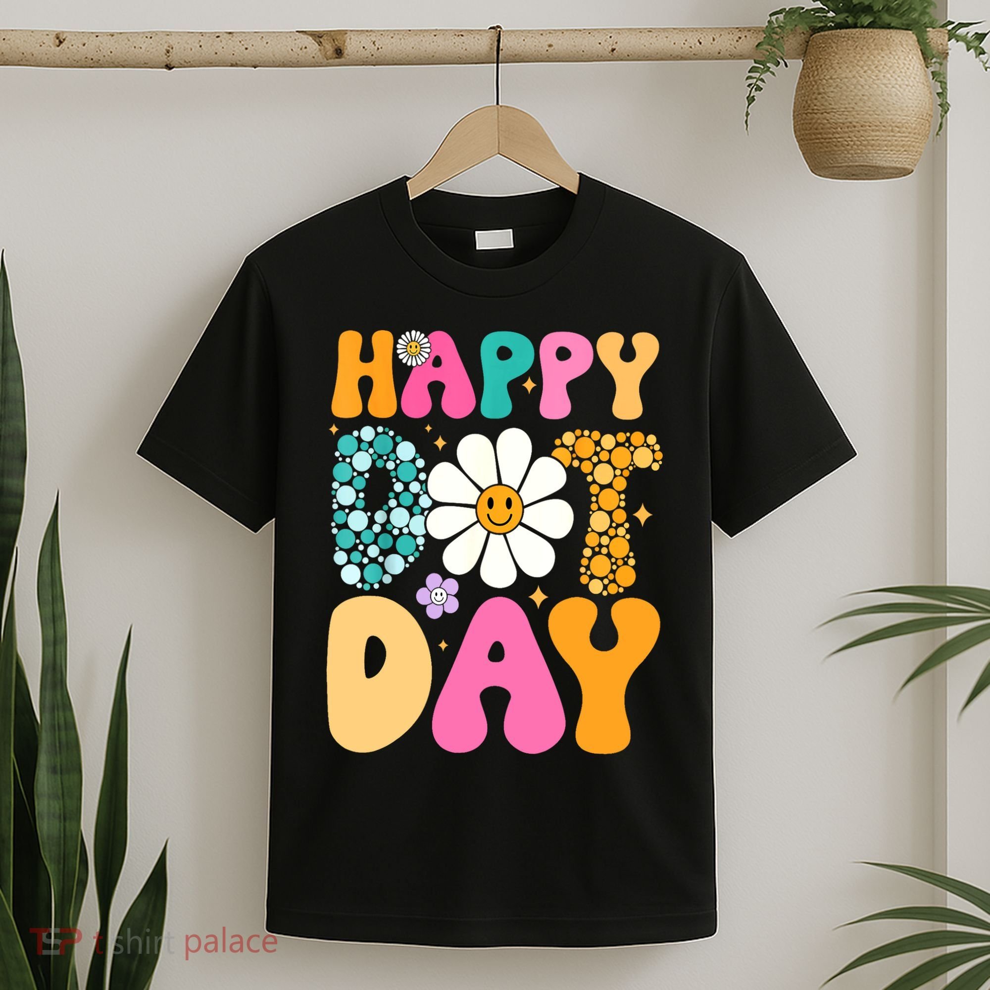 Polka Dot Hippie Flowers Smile Face Groovy Teacher Happy Dot Day Gift T-Shirt